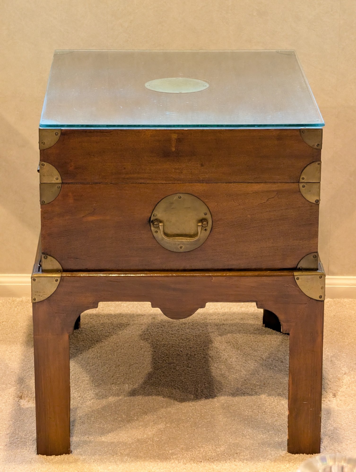 Campaign Style Brass Bound Wood Chest on Stand Glass Top Side End Table 26 in