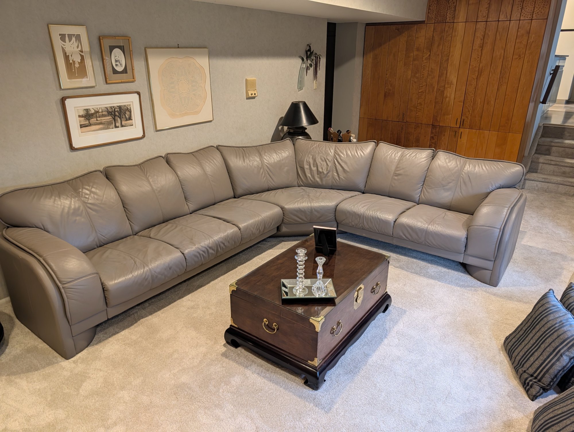 German Custom Leather 3-Piece Sectional Sofa Couch Gray-Taupe L-Shape 1980s