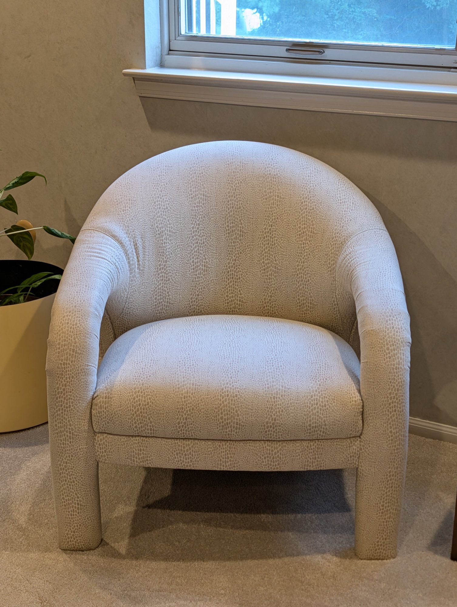 Postmodern Sculptural Barrel Tub Accent Chair 1980s Cream Taupe Reptile Texture