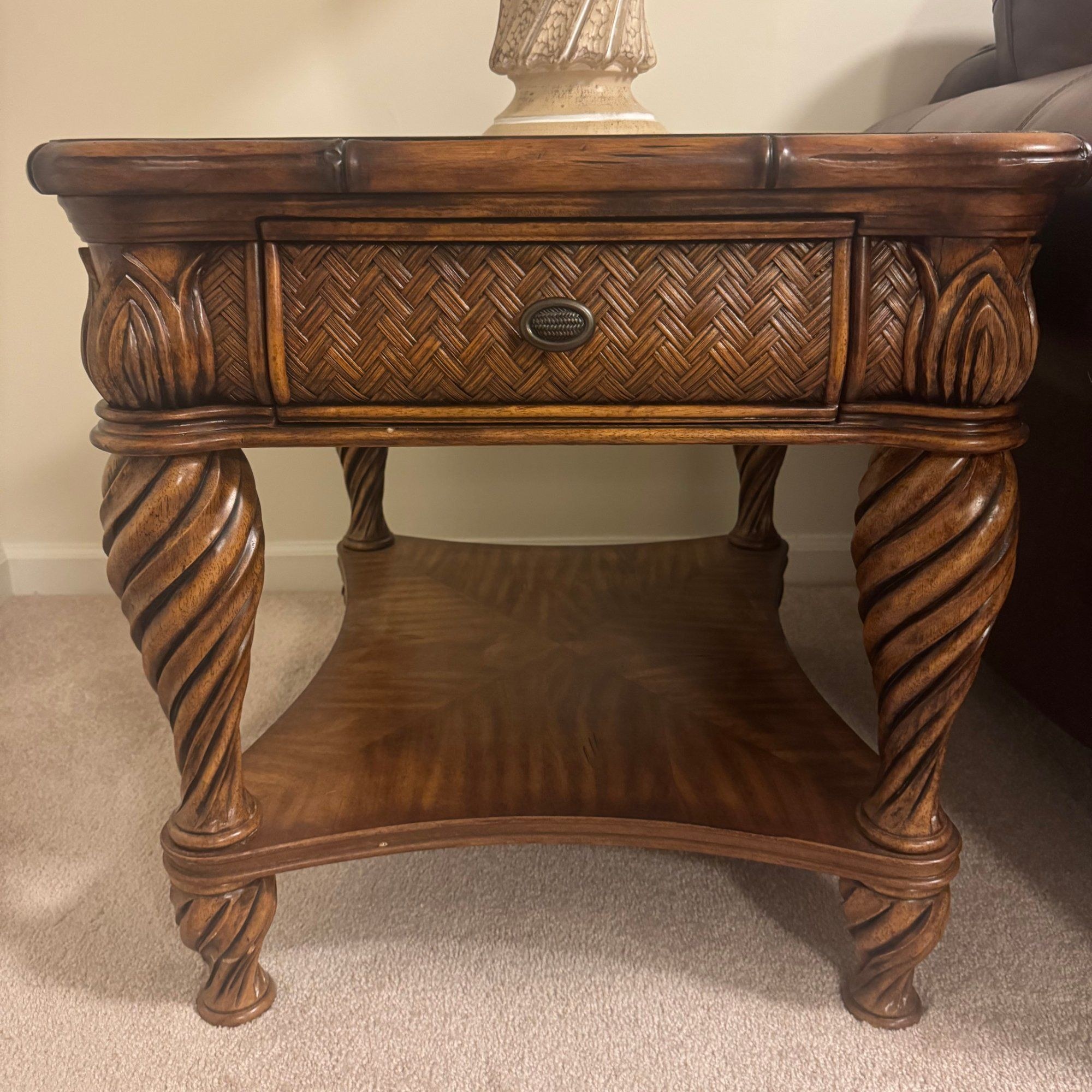 Schnadig Tropical End Table Rattan Drawer Carved Rope-Twist Legs Lower Shelf