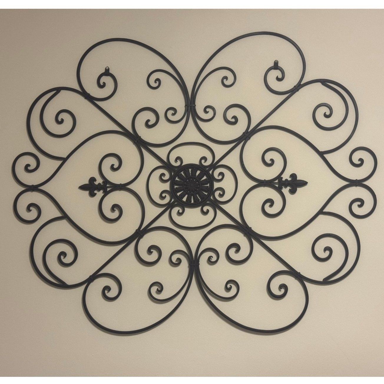 Large Black Metal Scroll Medallion Wall Art Fleur de Lis Matte Black 36-42 in