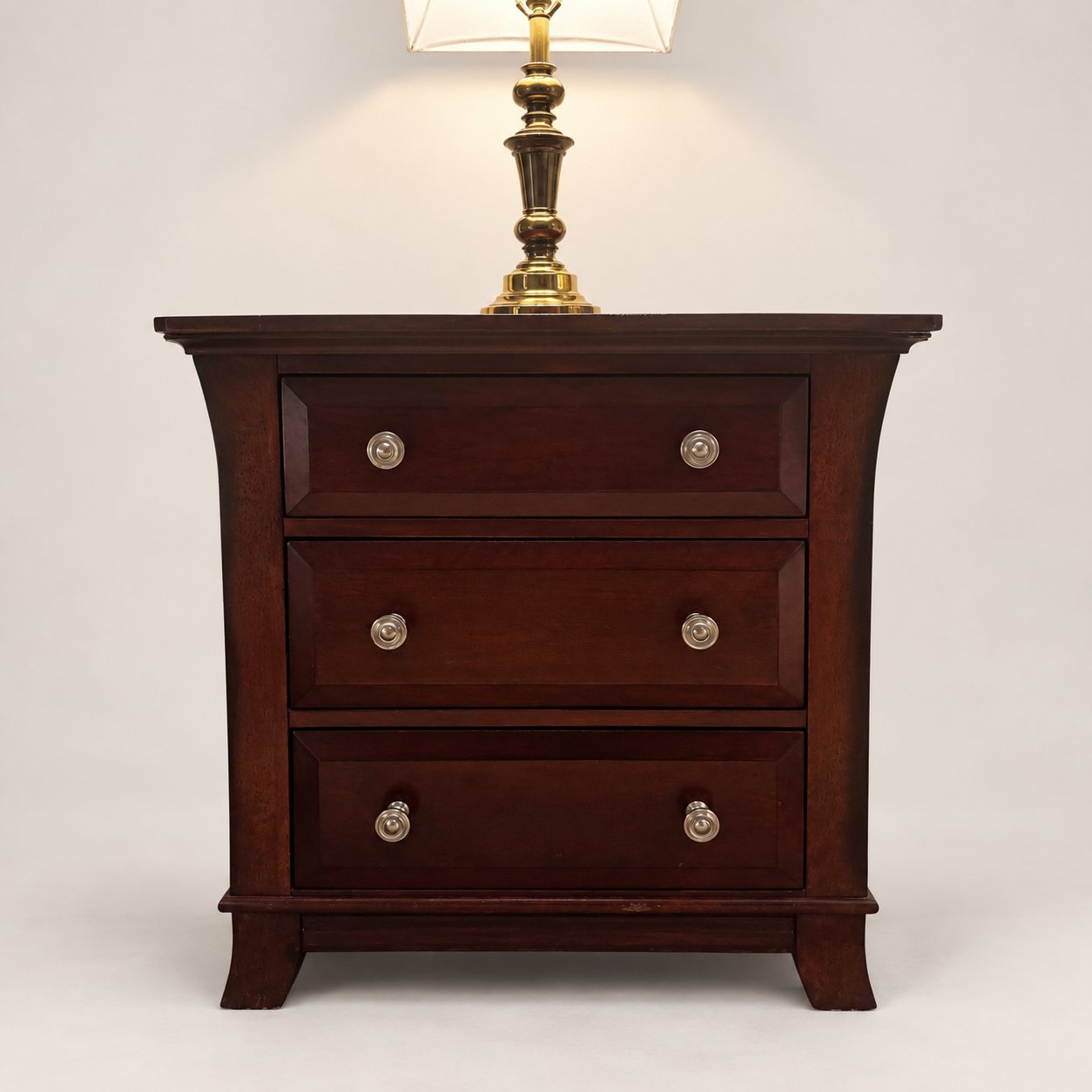 Cherry Finish 3 Drawer Nightstand Bedside Chest Brushed Nickel Knobs Flared Legs