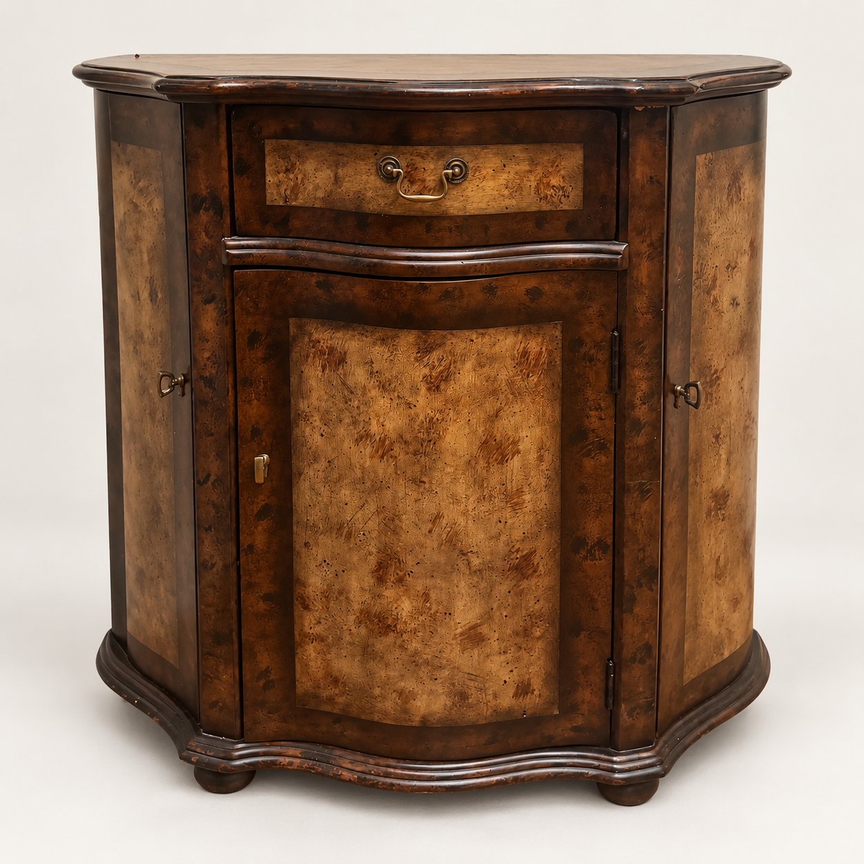 Demilune Accent Cabinet Hand Painted Faux Burl Finish 1 Drawer 3 Door Hall Chest