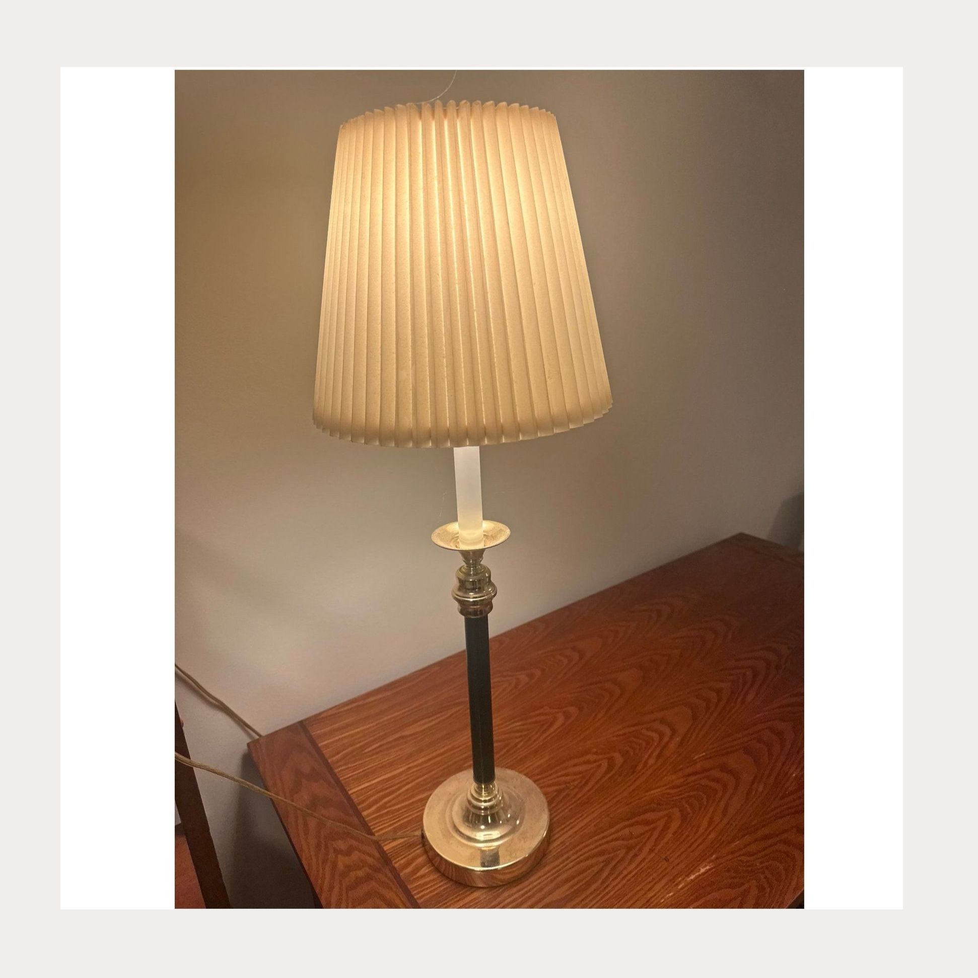 Vintage Brass Black Candlestick Column Table Lamp Cream Pleated Shade 24-26 in