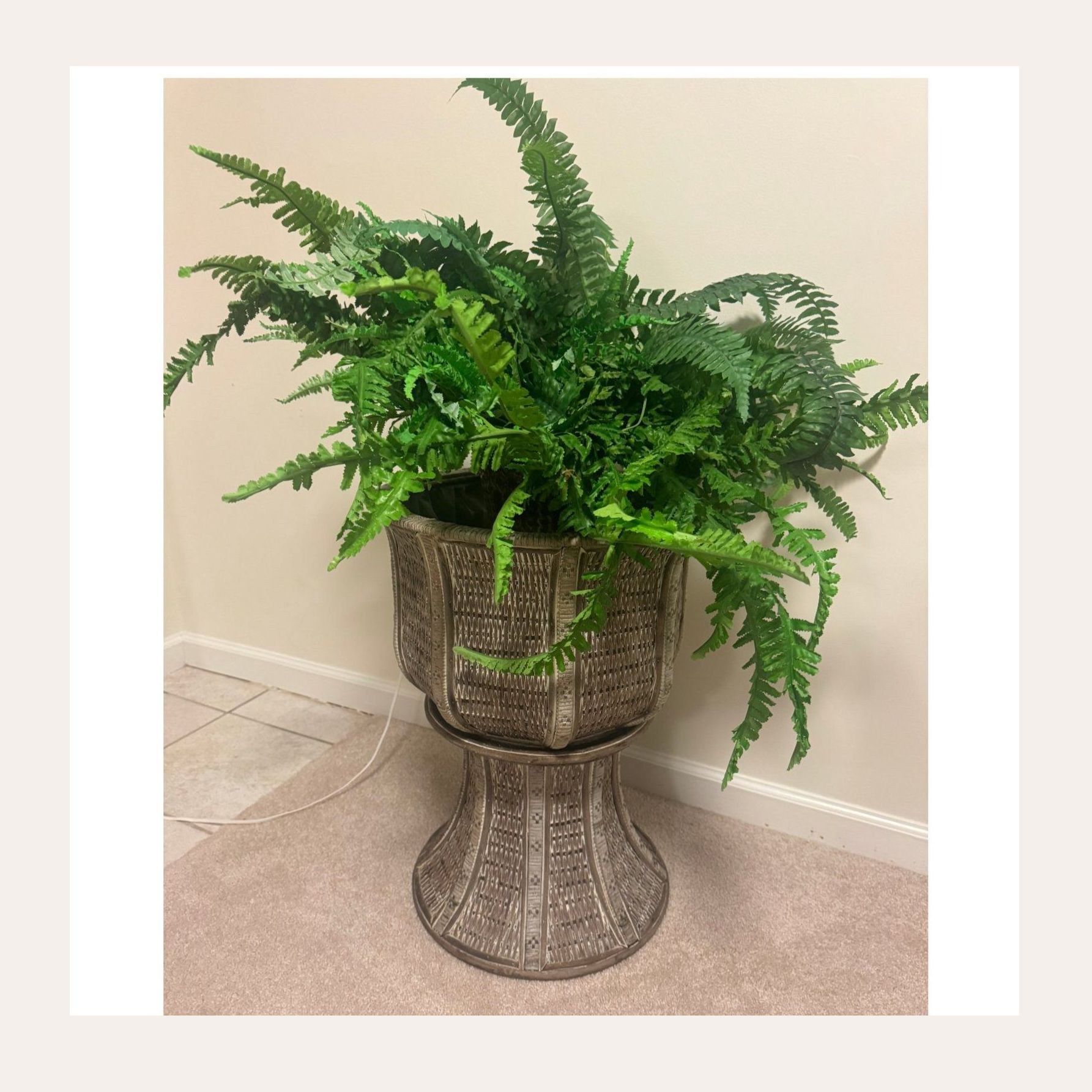 Resin Wicker Pedestal Urn Planter with Artificial Boston Fern 2-Piece Set 30 in