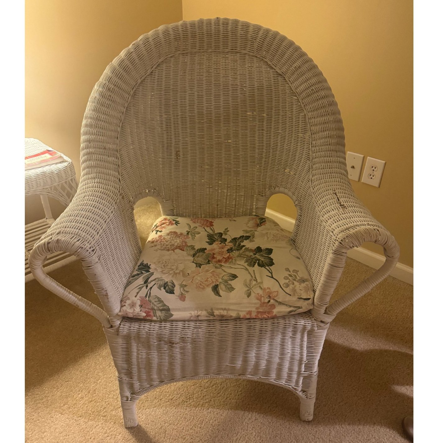 Vintage White Wicker Arm Chair Dome Back with Floral Cushion Cottage Coastal
