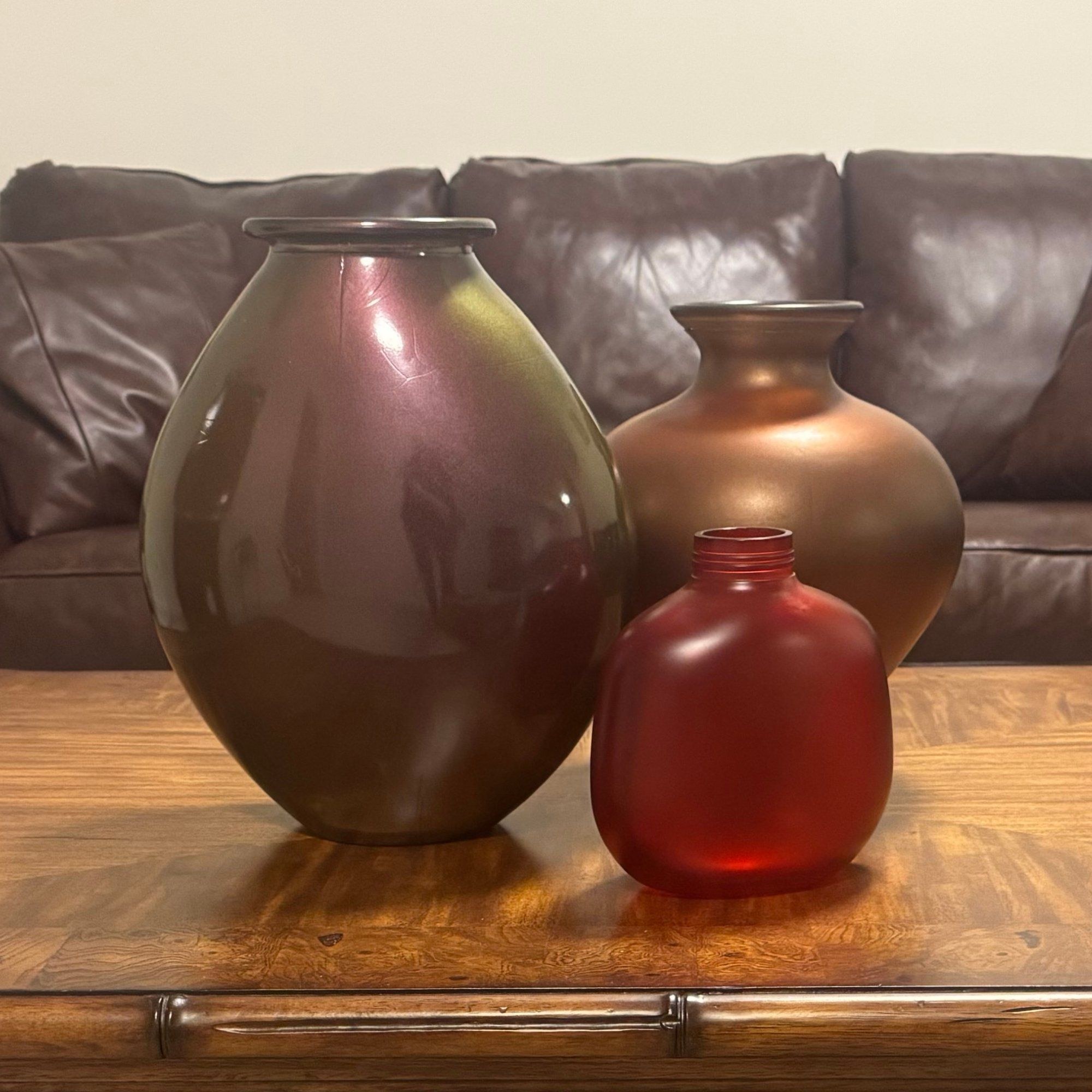 Set of 3 Glass Vases Iridescent Plum Copper Bronze Frosted Red Metallic Finish