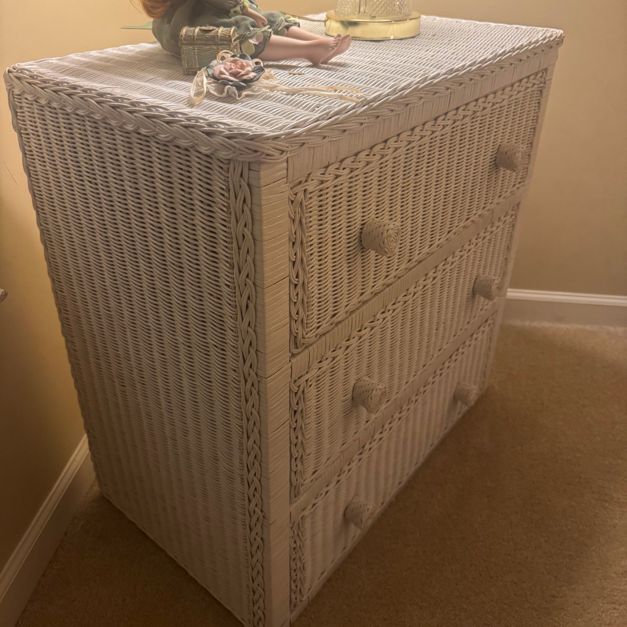 Vintage White Wicker 3 Drawer Dresser Chest Braided Trim Cottage Coastal Boho