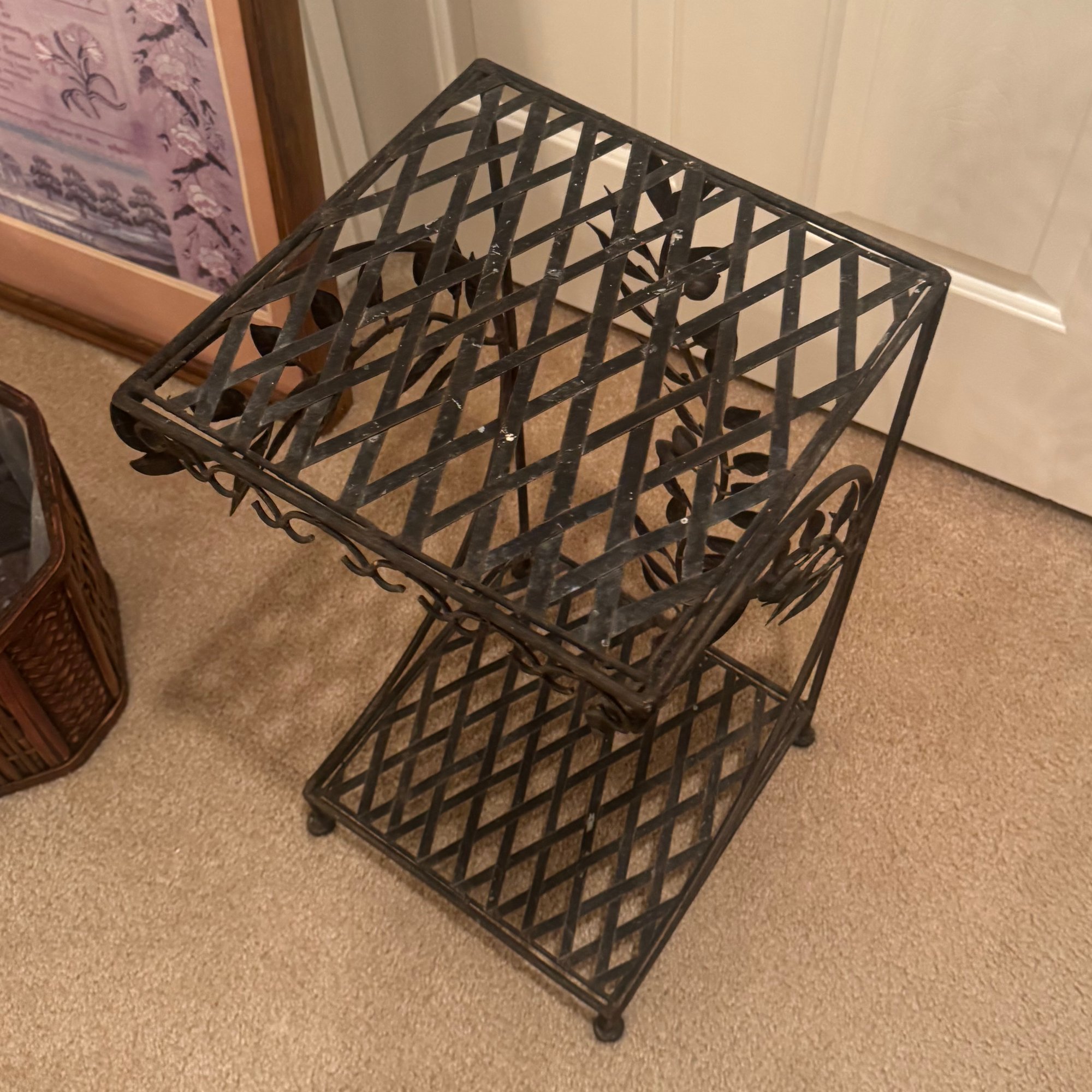 Wrought Iron 2 Tier Side Table Plant Stand Lattice Top Leaf and Scroll Detail