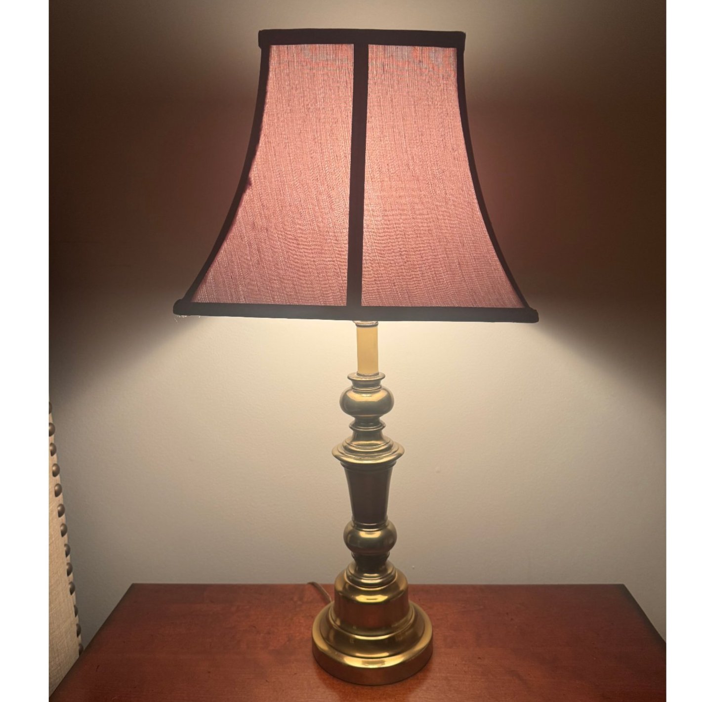 Vintage Turned Brass Candlestick Table Lamp with Burgundy Bell Shade Works