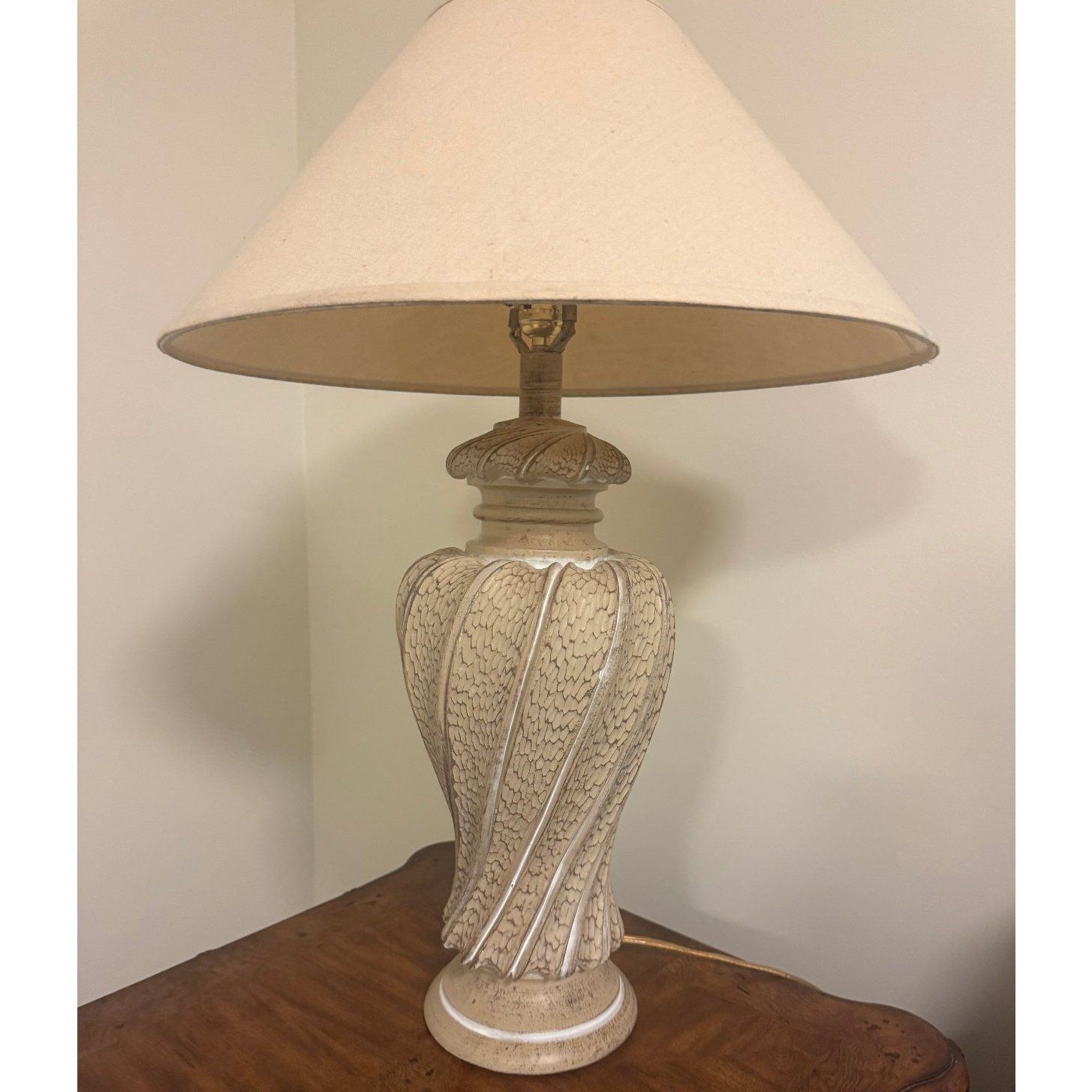Vintage Cream Urn Table Lamp Resin Whitewash Textured Base Linen Shade 1980s