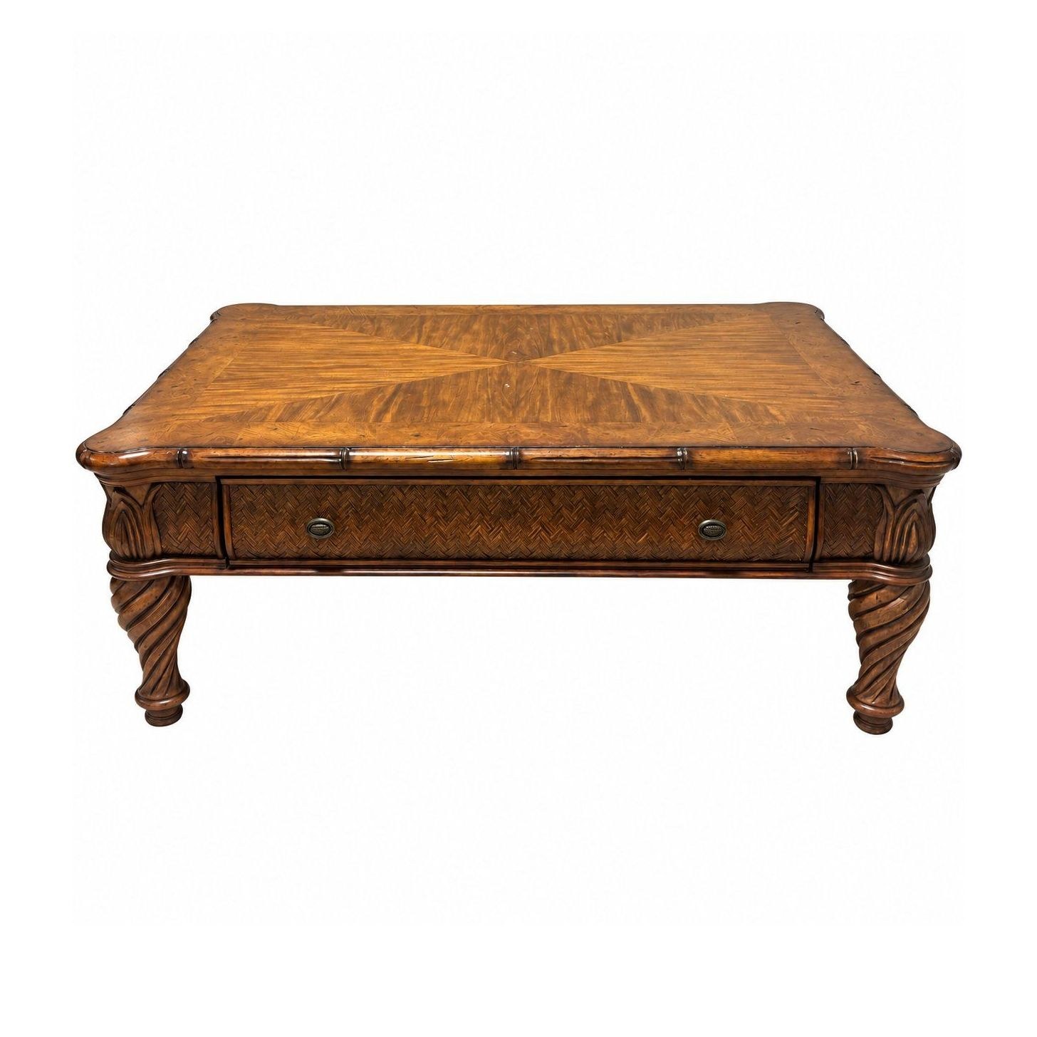 British Colonial Tropical Coffee Table Rattan Apron Rope Twist Legs Sunburst Ven