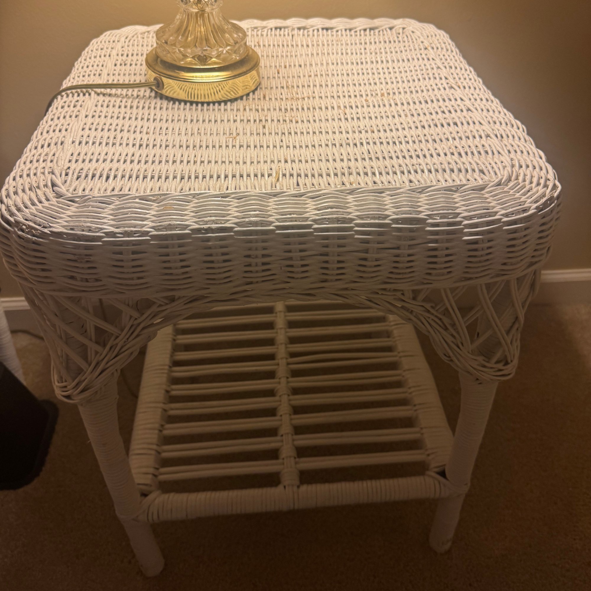 Vintage White Wicker Side Table with Lower Shelf Nightstand Cottage Coastal