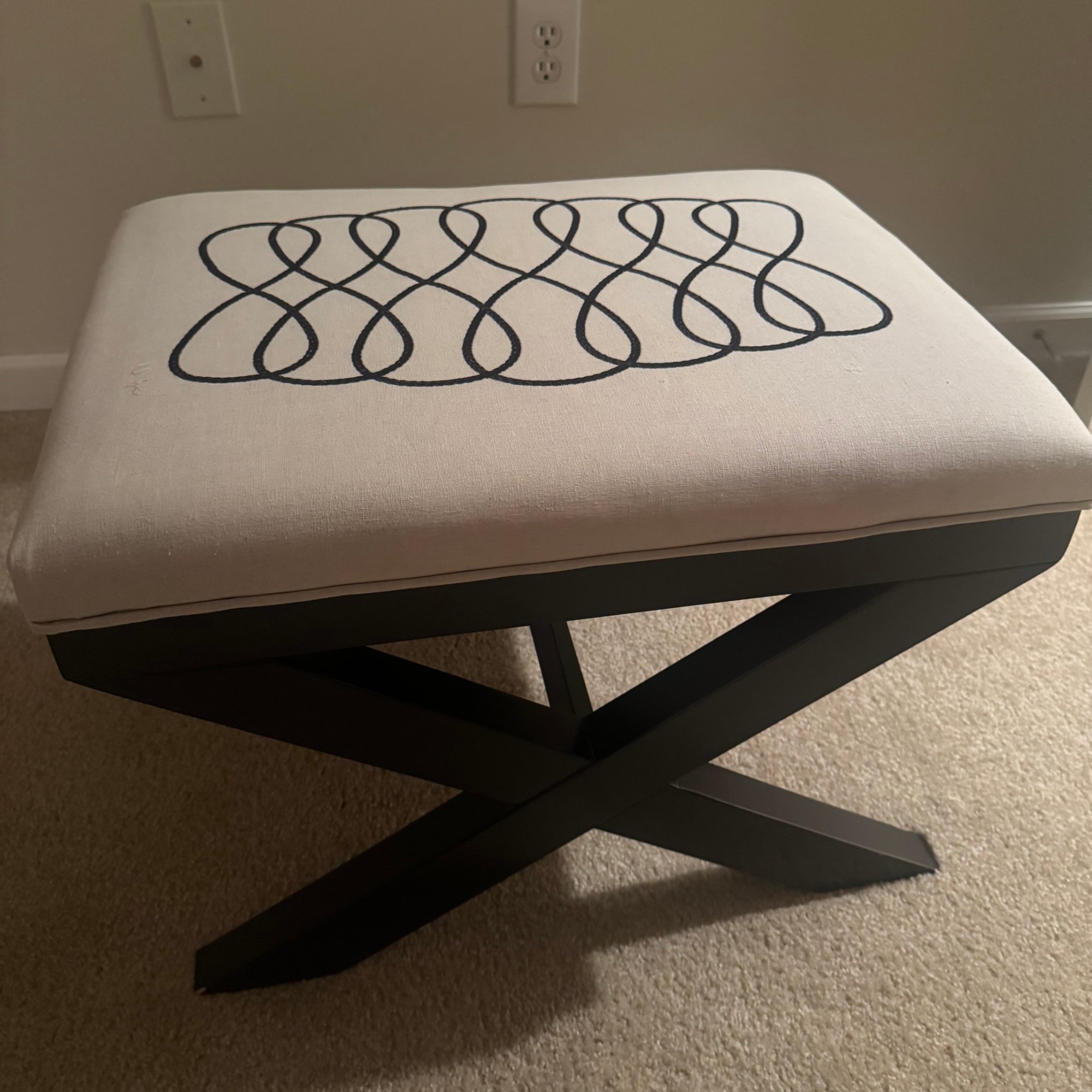 X Base Upholstered Bench Cream Fabric Navy Embroidered Seat Espresso Wood Legs