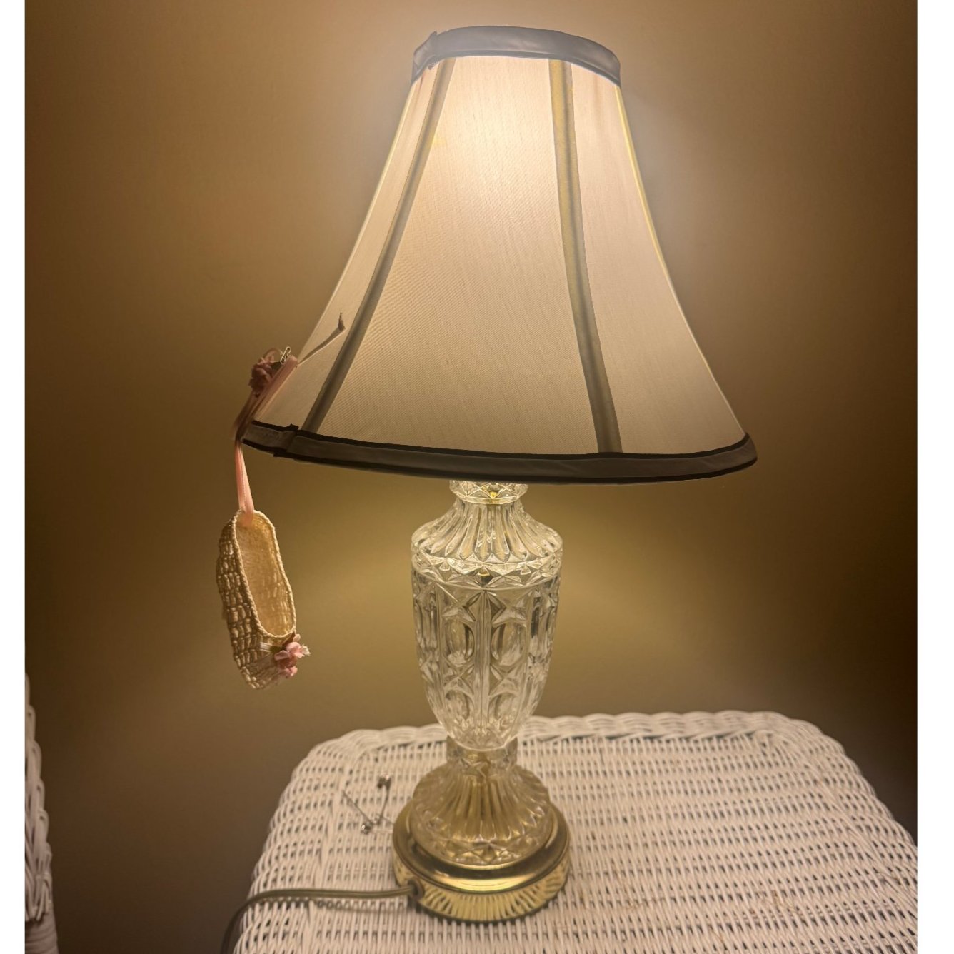Vintage Pressed Crystal Glass Table Lamp Brass Base with Bell Shade