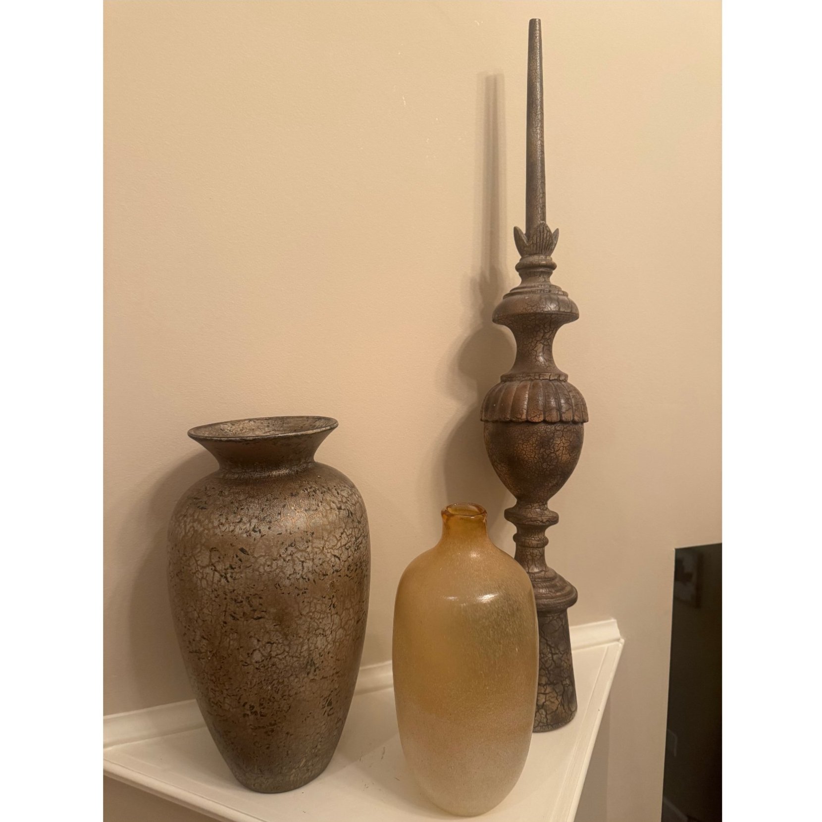 Decorative Vase and Finial Set of 3 Crackle Bronze Urn Amber Glass Old World