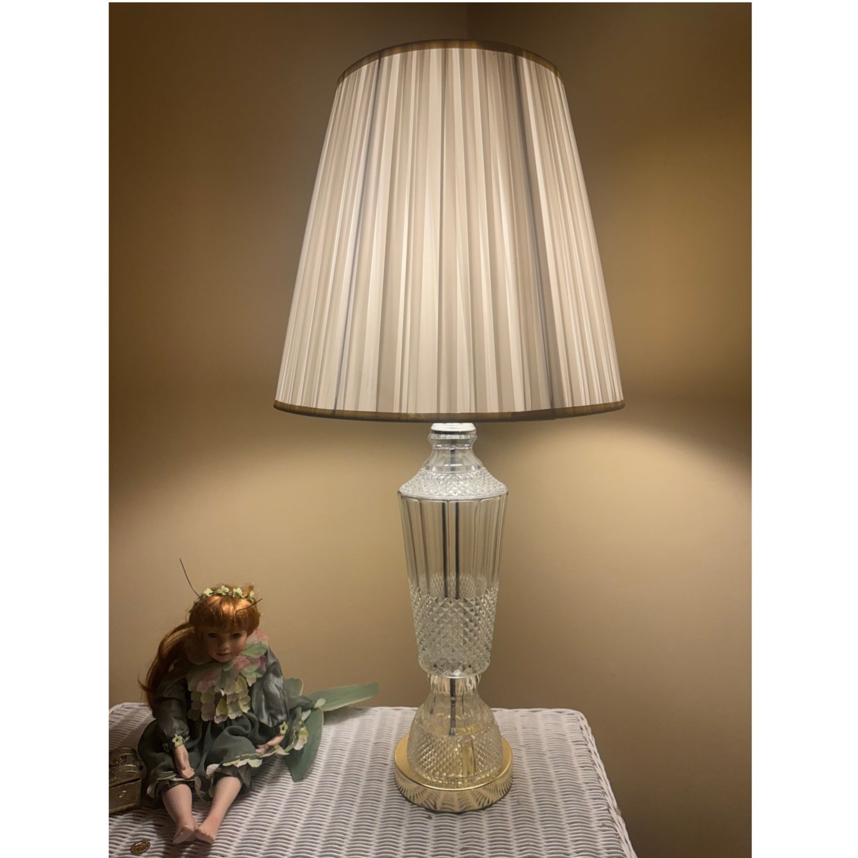 Vintage Cut Crystal Glass Table Lamp Brass Base 3 Way with Pleated Shade