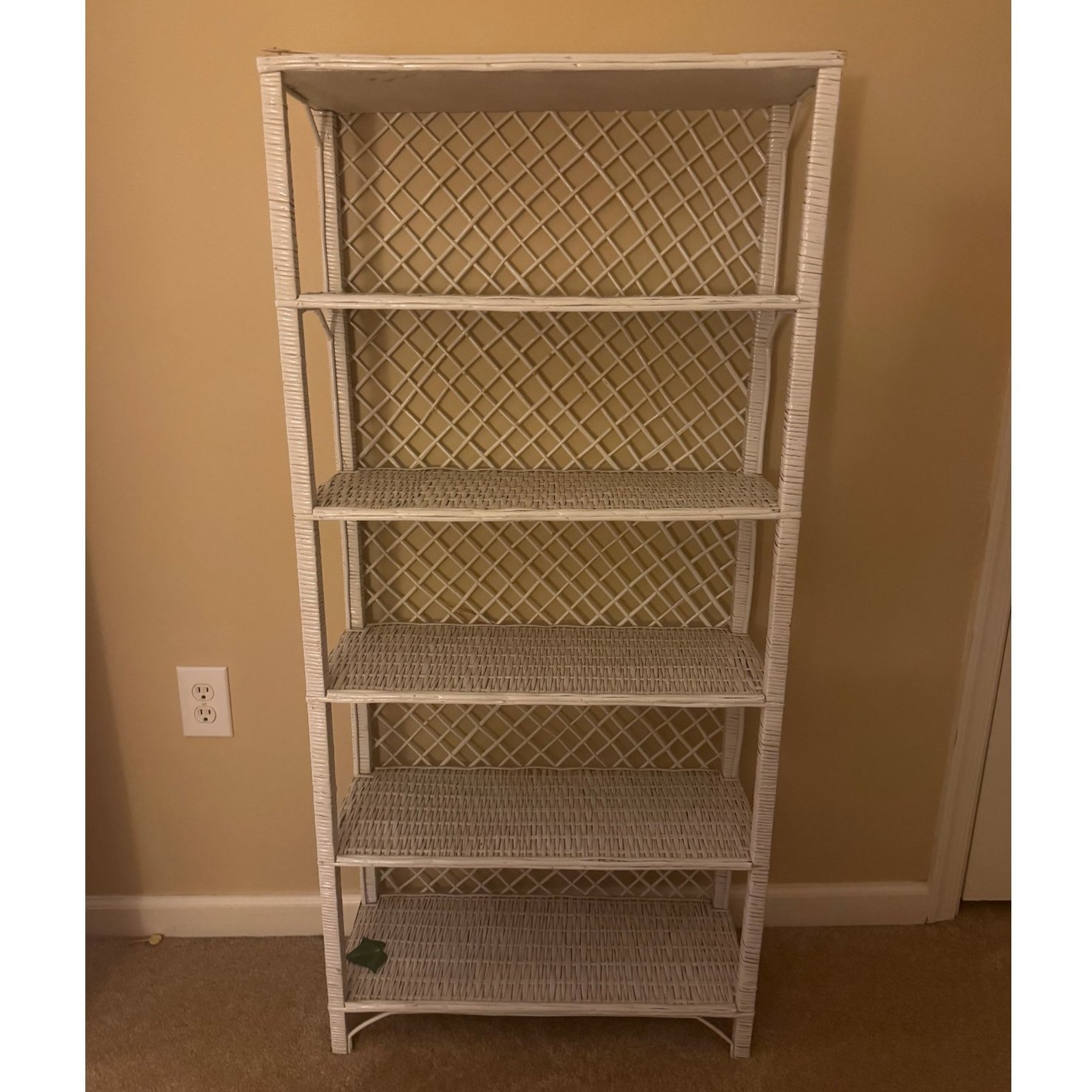 Vintage White Wicker Rattan 5 Shelf Etagere Bookcase Lattice Back Coastal Boho