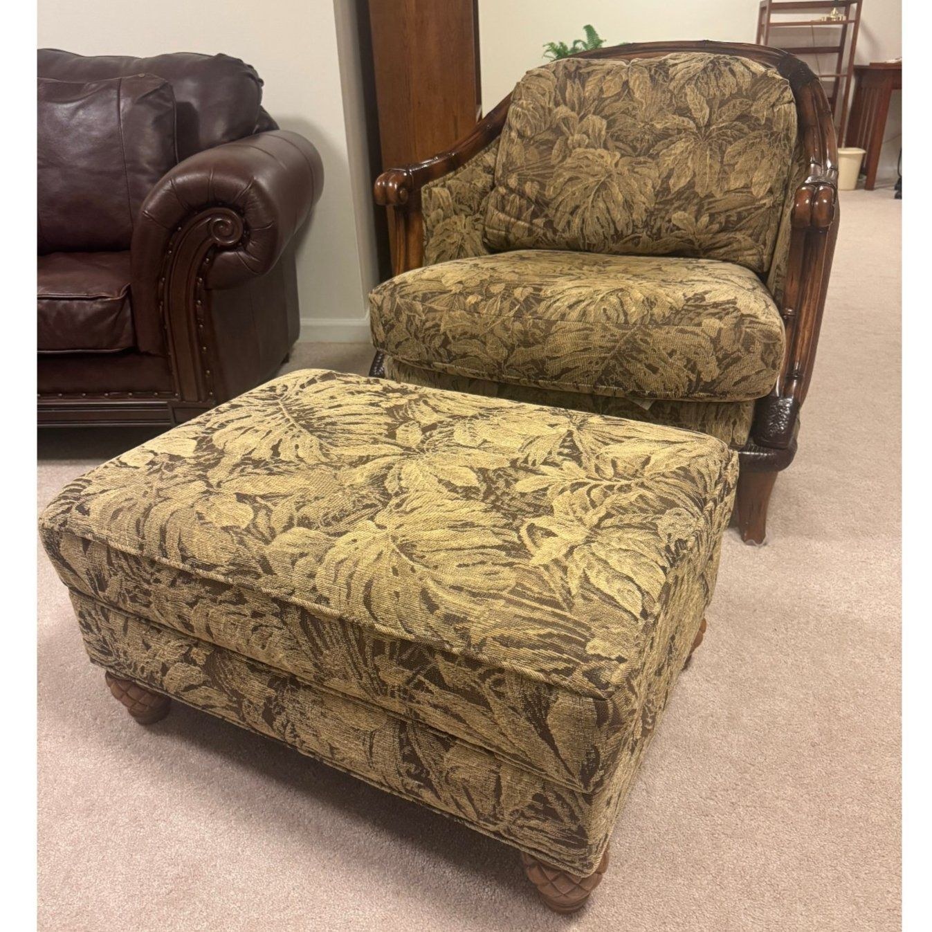 Barrel Club Chair Ottoman Set Carved Wood Frame Tropical Leaf Chenille Gold Oliv