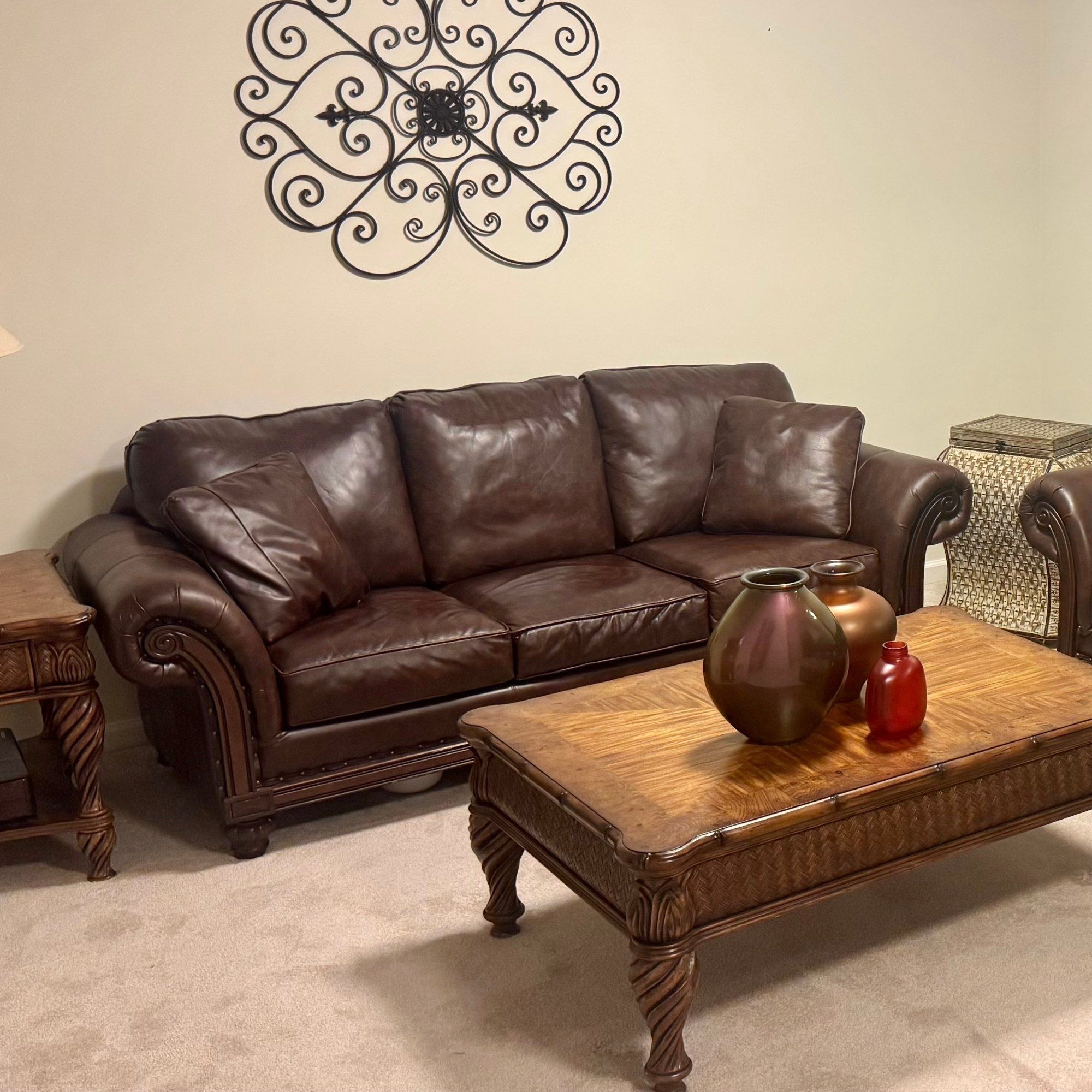 Dark Brown Leather 3-Seat Sofa Carved Scroll Arms Nailhead Trim Bun Feet 90in