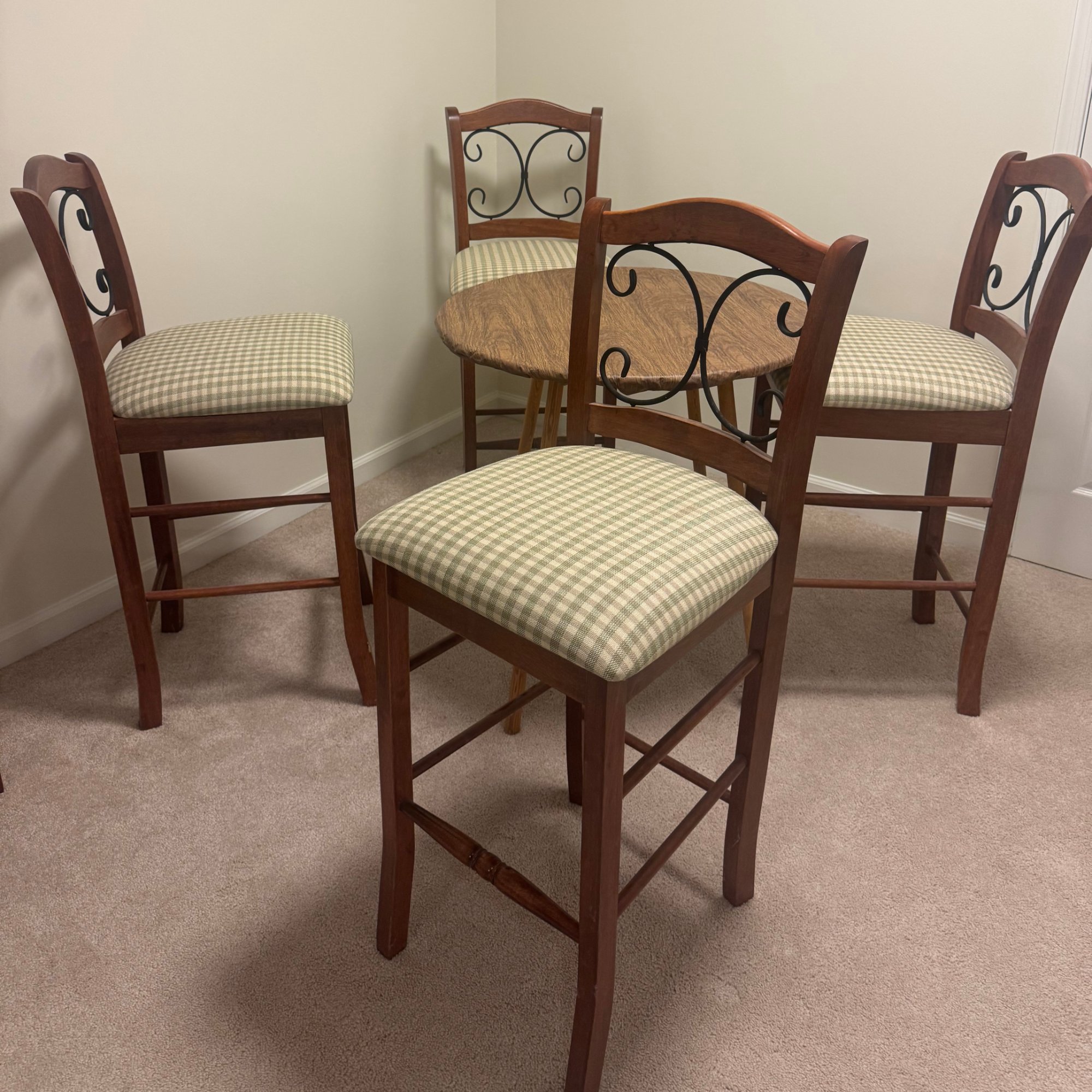 Bar Height Pub Chairs Set of 4 Cherry Wood Iron Scroll Back Green Gingham Seats