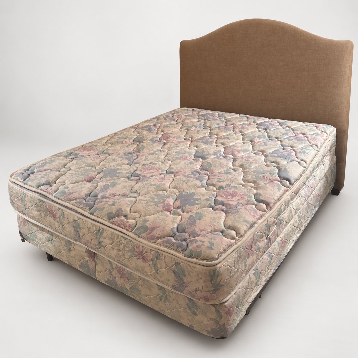 Queen Upholstered Headboard Camelback Nailhead Trim Taupe with Mattress Set