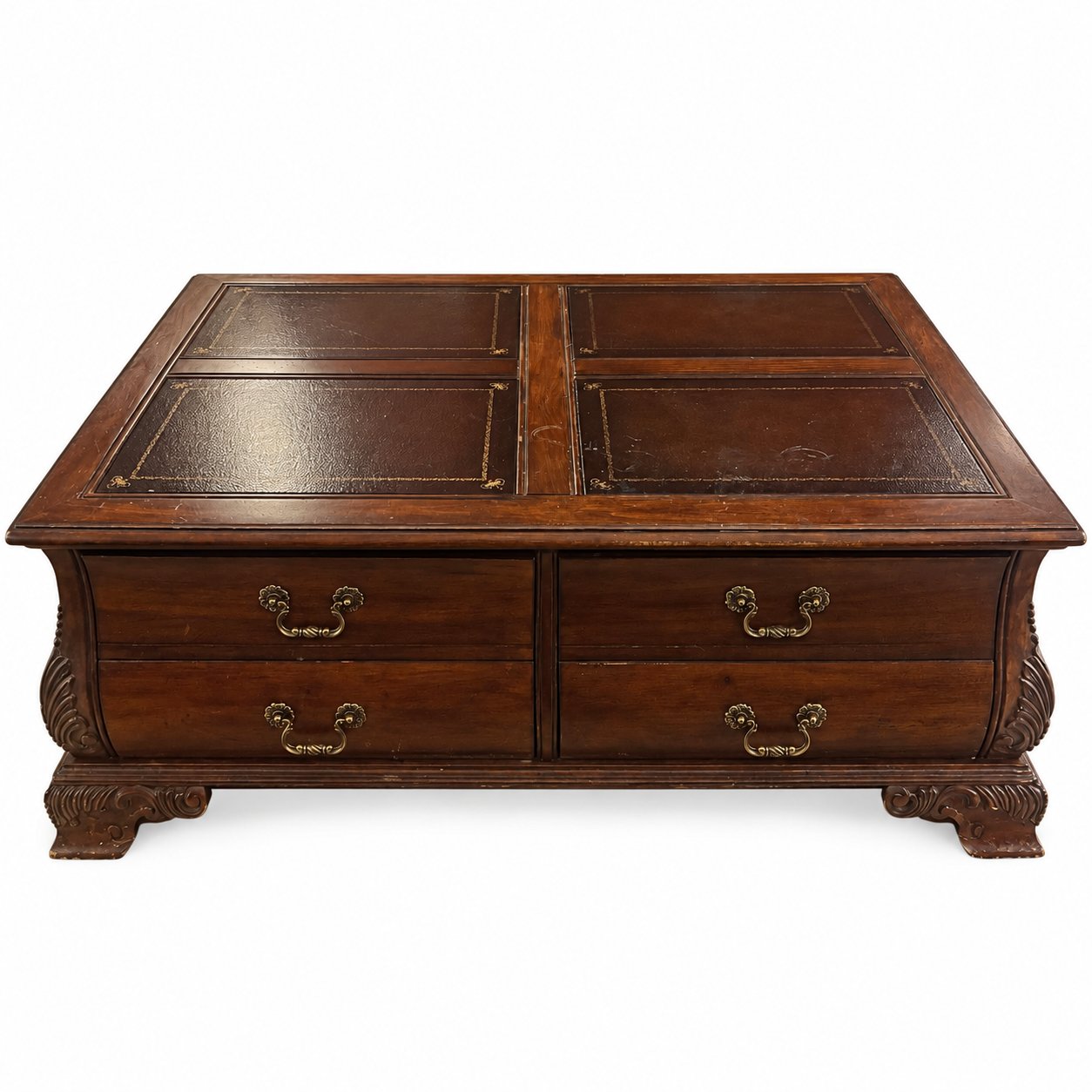 Large Square Coffee Table Leather Top Panels 4 Drawers Carved Feet Dark Walnut