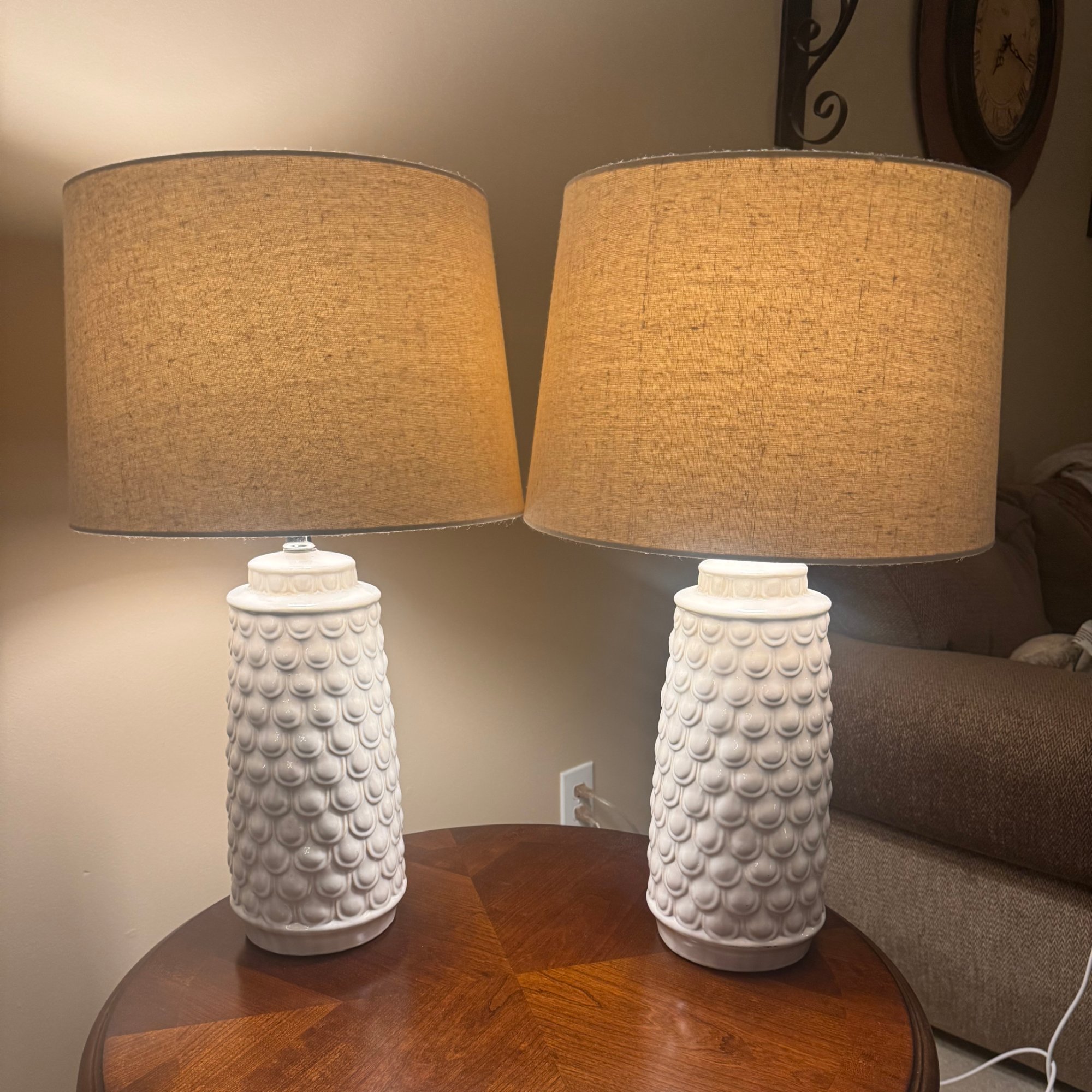 Pair of White Ceramic Table Lamps Textured Scallop Base with Linen Drum Shades