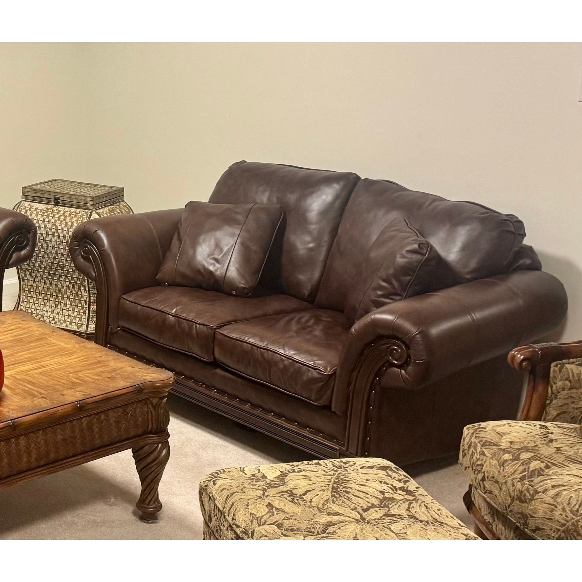 Brown Leather Loveseat Traditional Scroll Arm Nailhead Trim Carved Wood Bun Feet