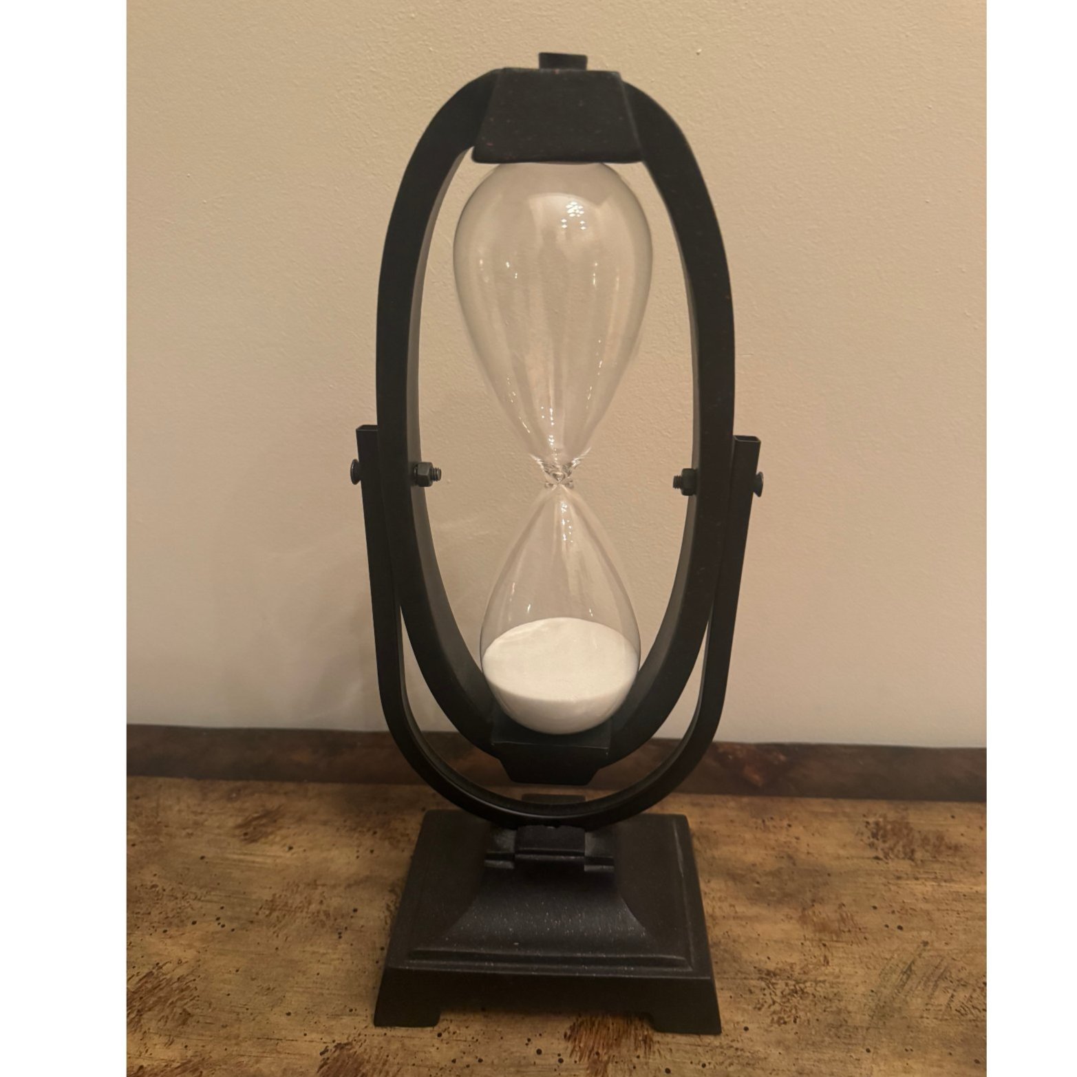 Large Hourglass Sand Timer Black Metal Rotating Stand White Sand 12 in Decor