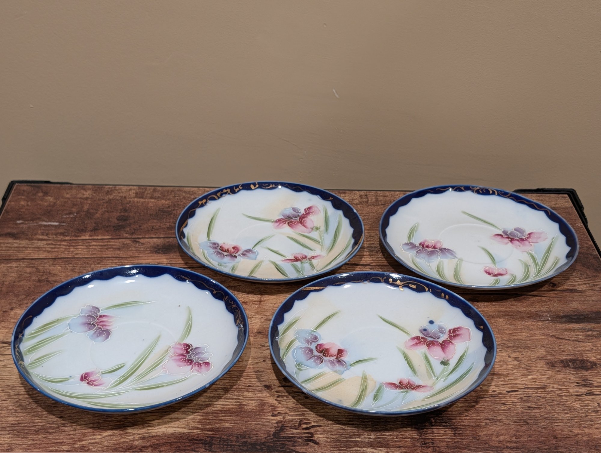 Set of 4 Vintage Porcelain Plates Cobalt Blue Iris Floral Gold Accent