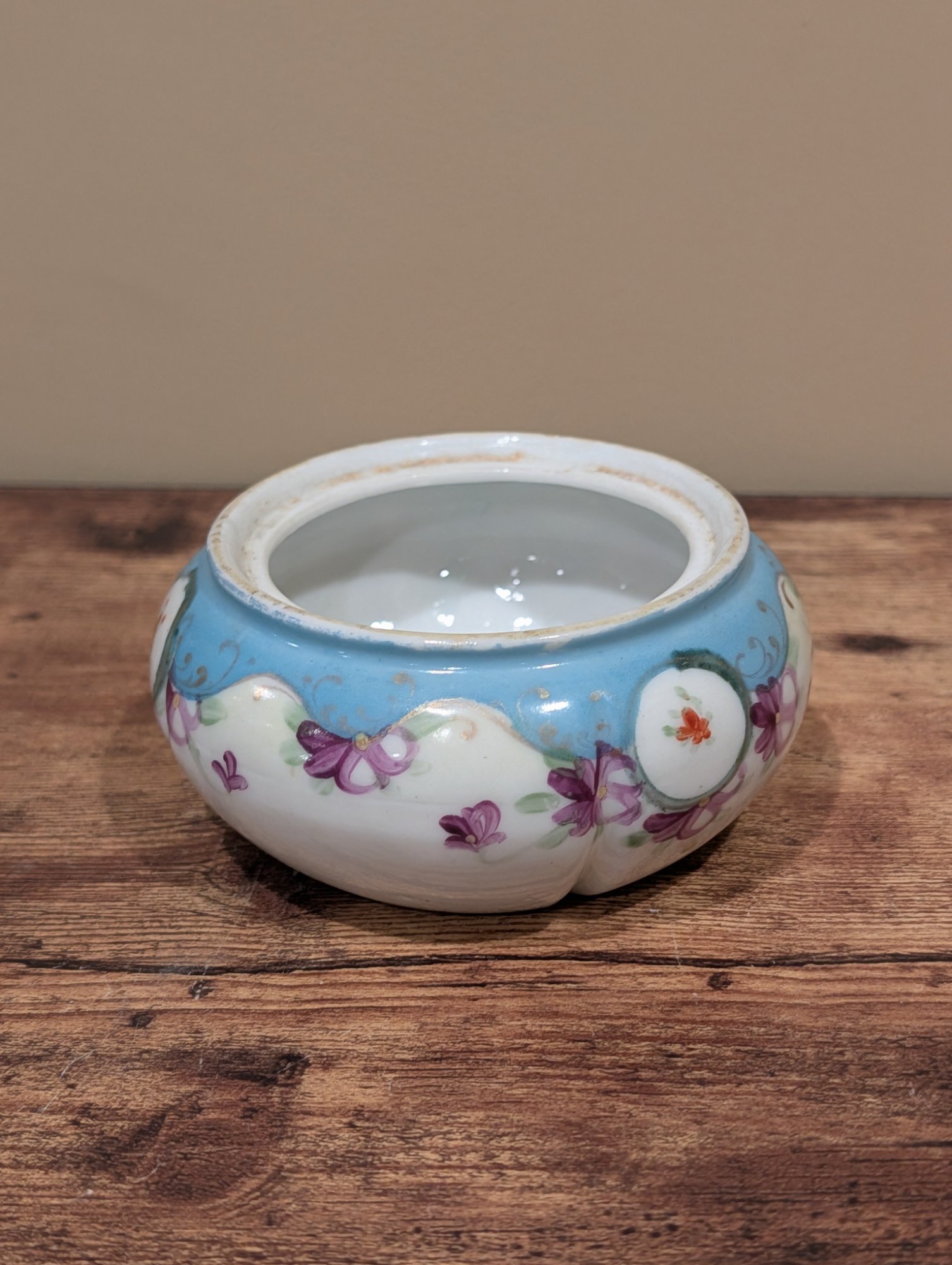 Antique Hand-Painted Porcelain Bowl Blue Floral Butterfly Melon Form