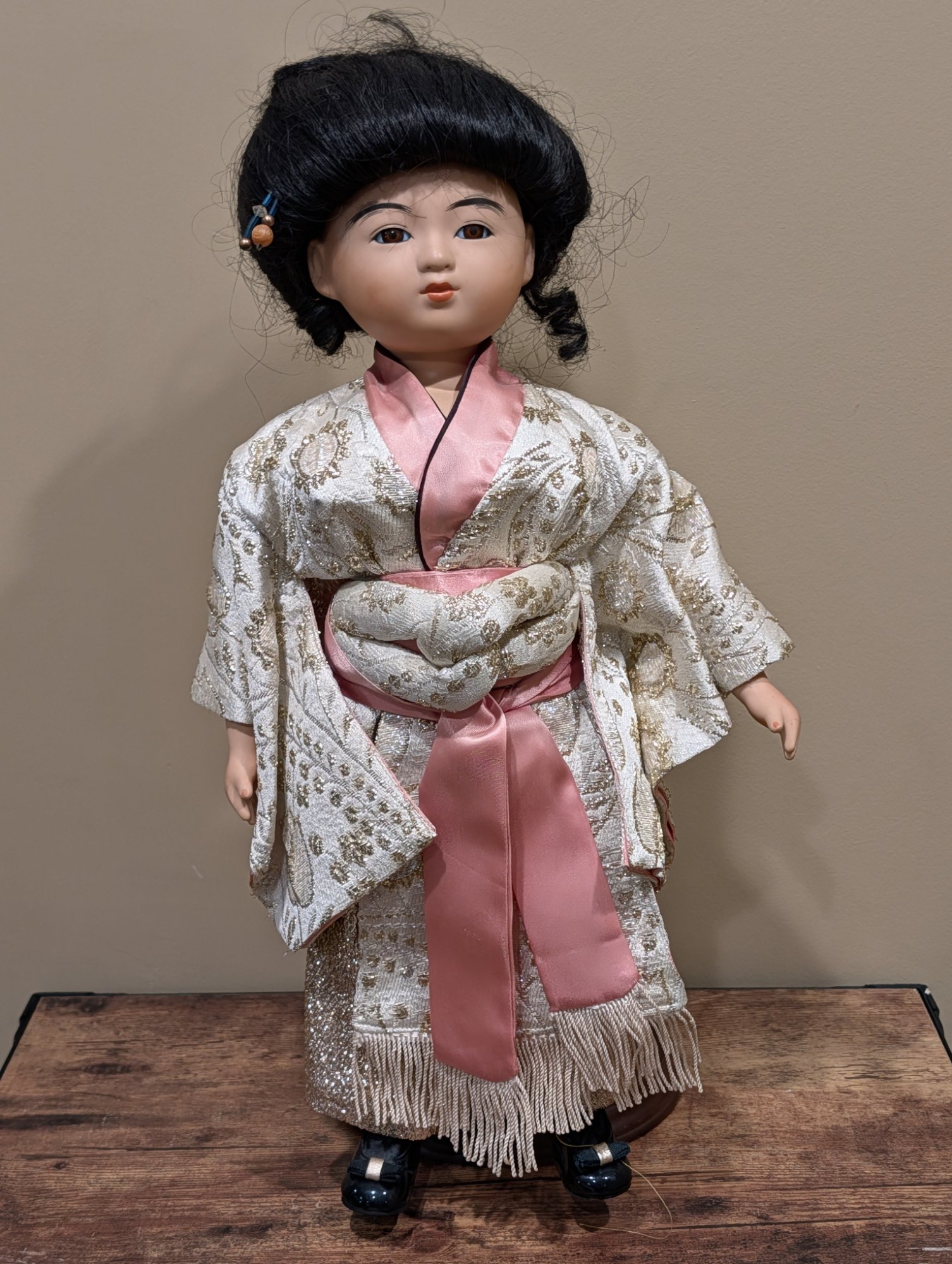 Tripar 23-2214 Asian Geisha Porcelain Doll on Display Stand, ~14in