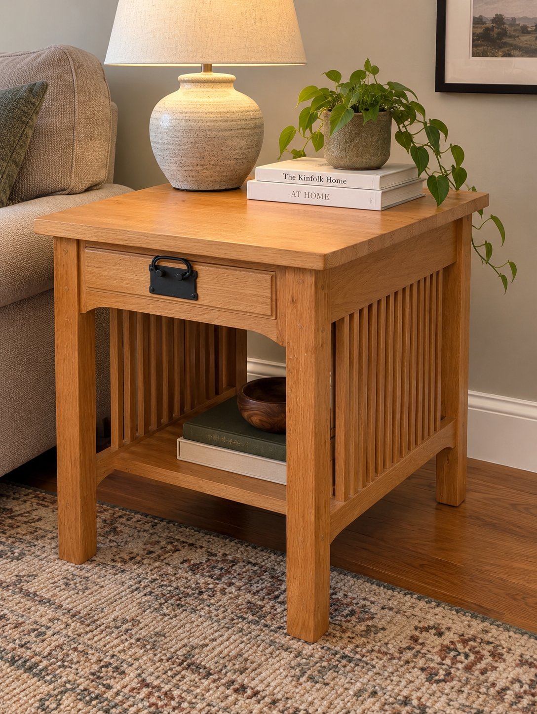 Mission Style Oak End Table with Drawer and Lower Shelf