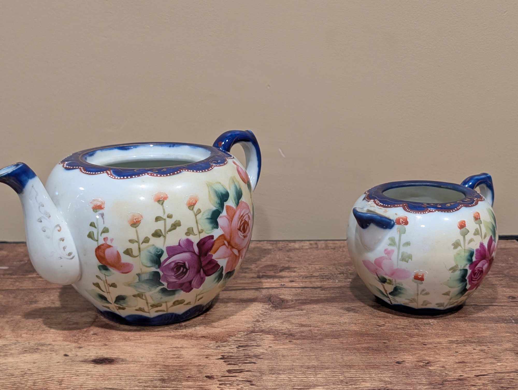 Antique Hand Painted Nippon Porcelain Teapot and Sugar Bowl Set