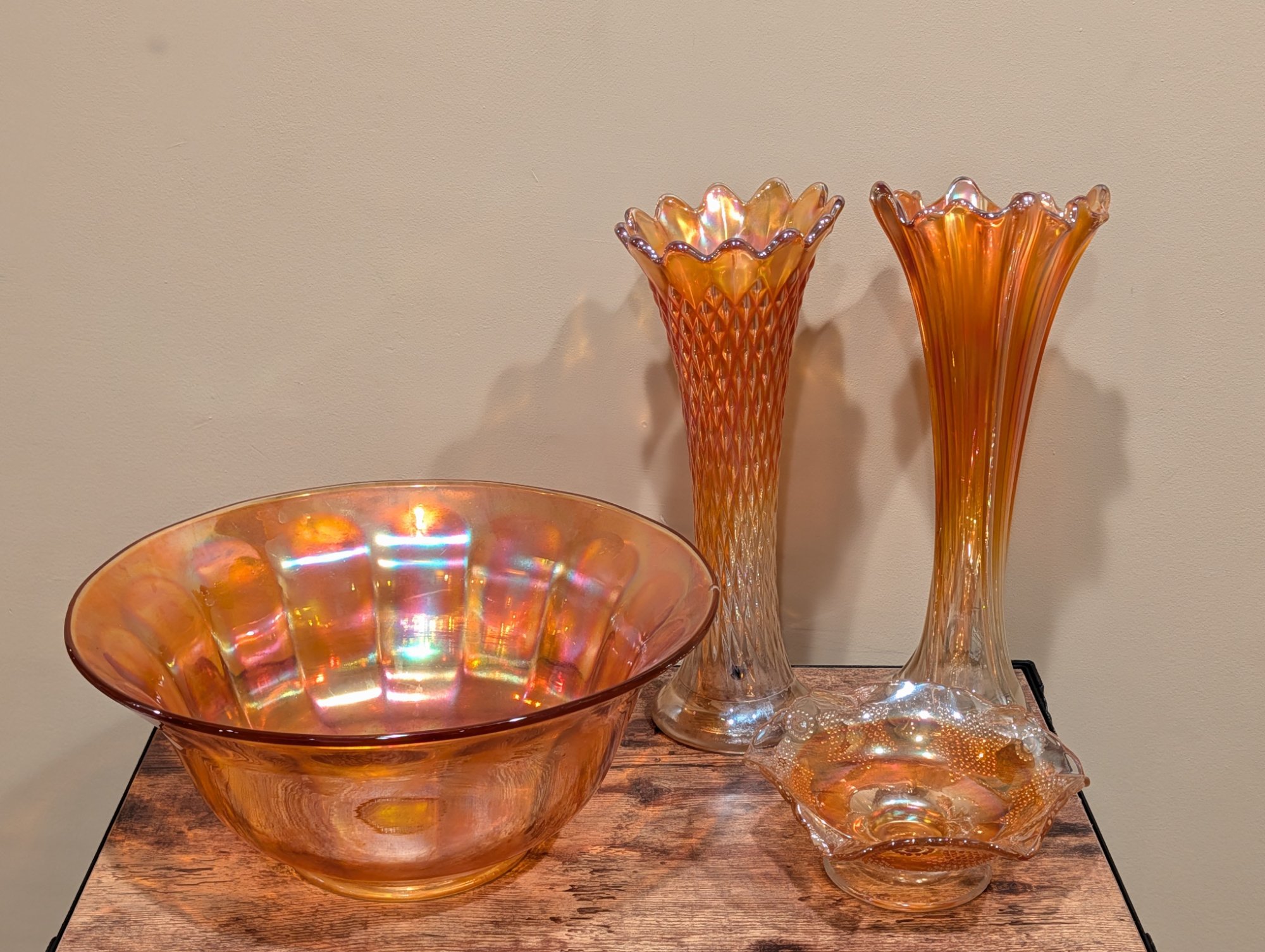 Marigold Carnival Glass Vase Lot - Ribbed and Diamond Pattern, Ruffled