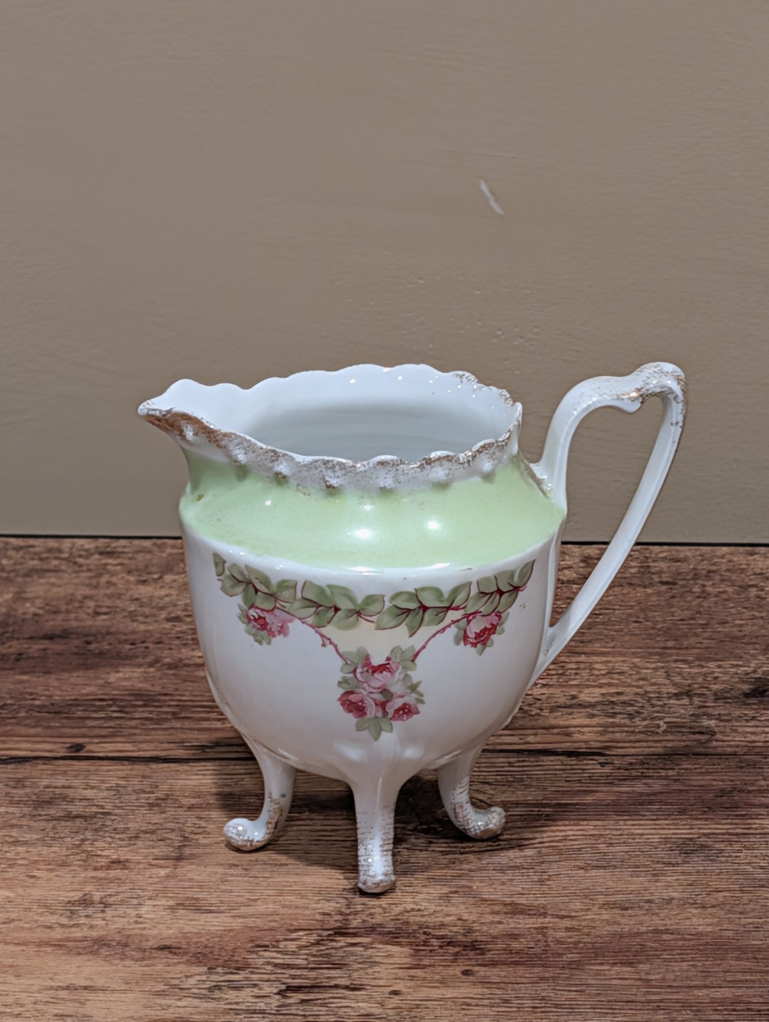 Antique Porcelain Footed Creamer Pink Rose Floral Scallop Rim