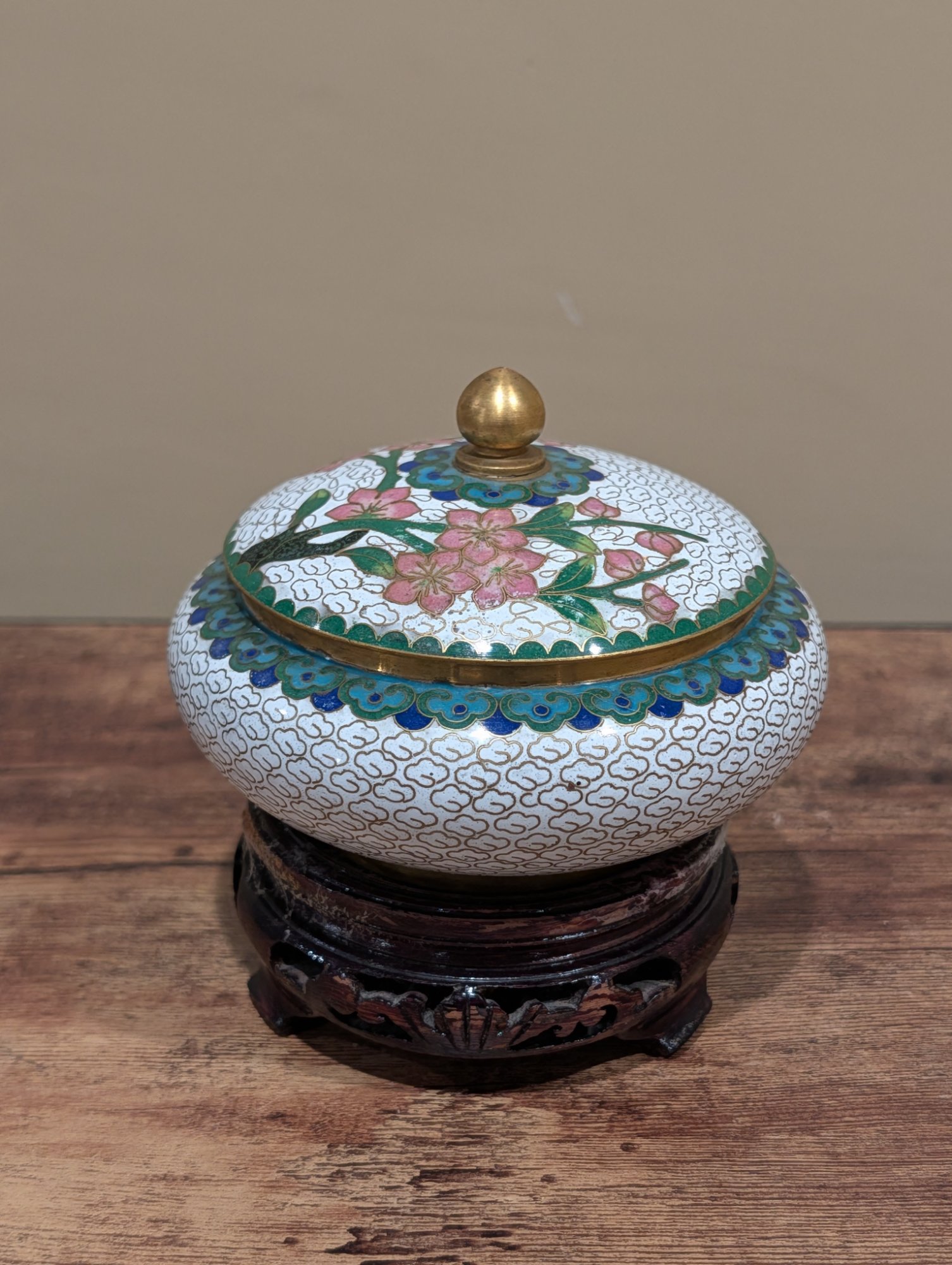 Chinese Cloisonne Lidded Box with Wood Stand, Floral Enamel Decor