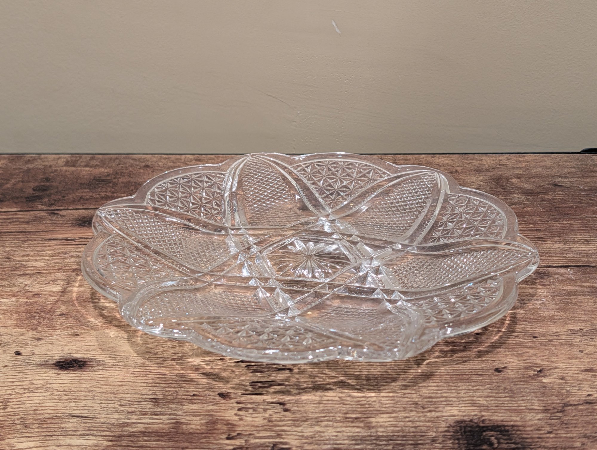 Vintage Pressed Glass Divided Relish Serving Tray, Starburst Diamond
