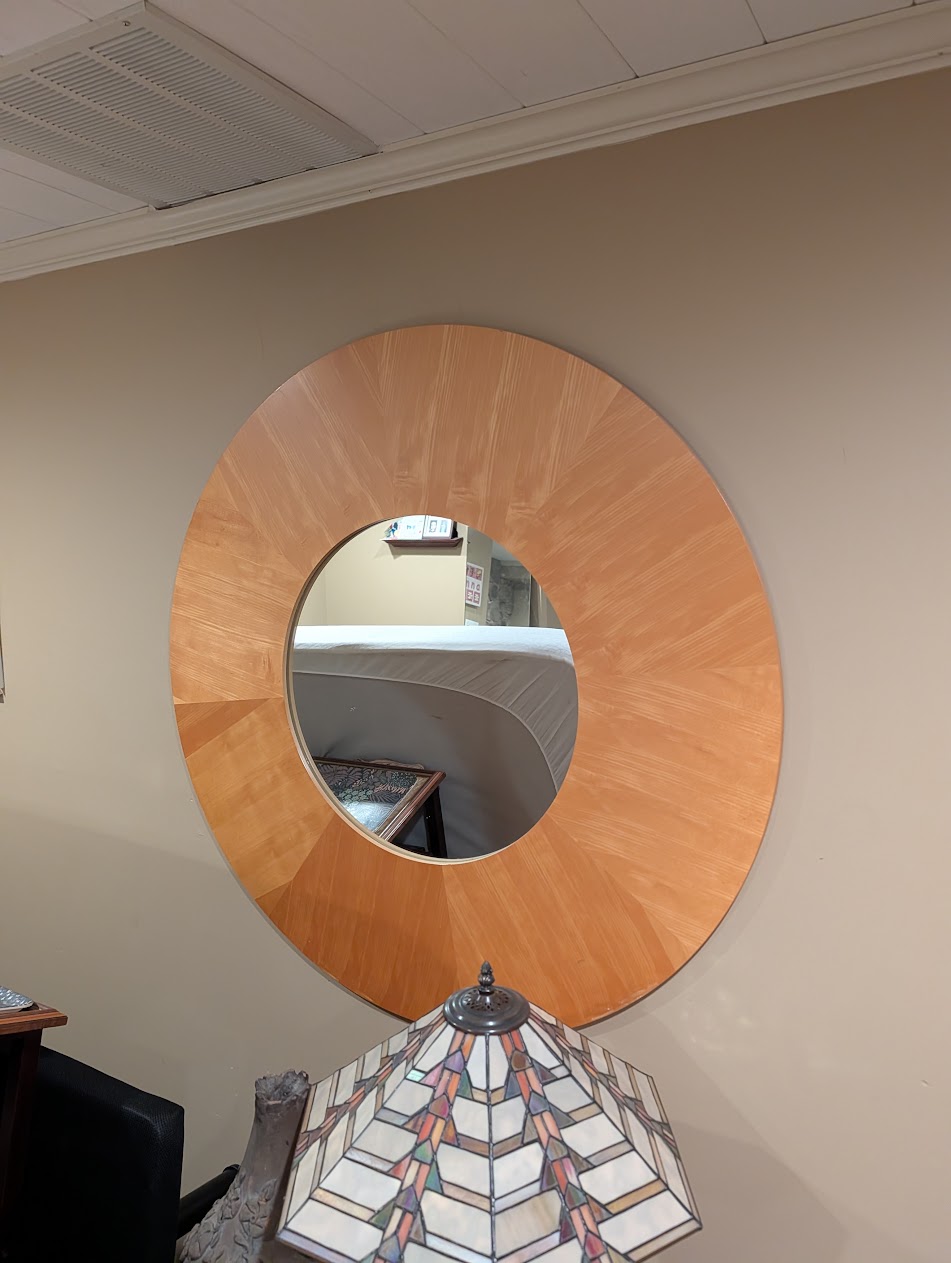 Large Round Wall Mirror with Starburst Wood Veneer Frame