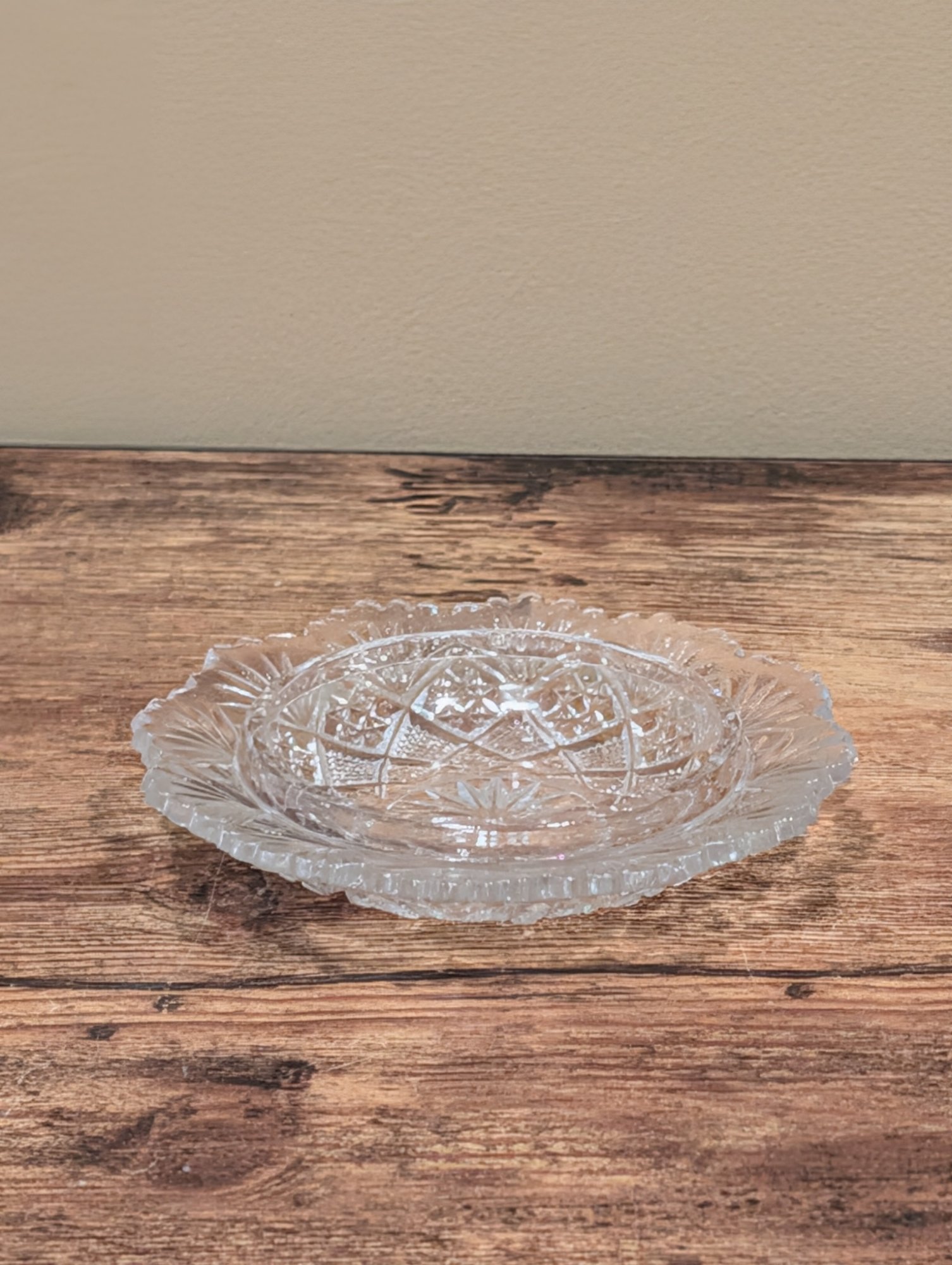 Vintage Pressed Glass Small Dish Sawtooth Rim Star and Diamond Pattern