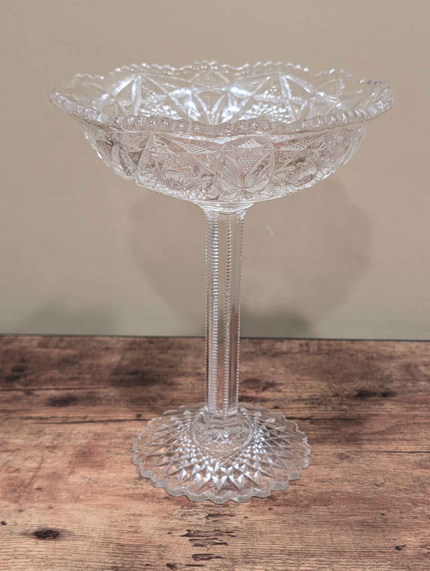 Antique EAPG Pressed Glass Compote Diamond Star Pattern Serrated Rim