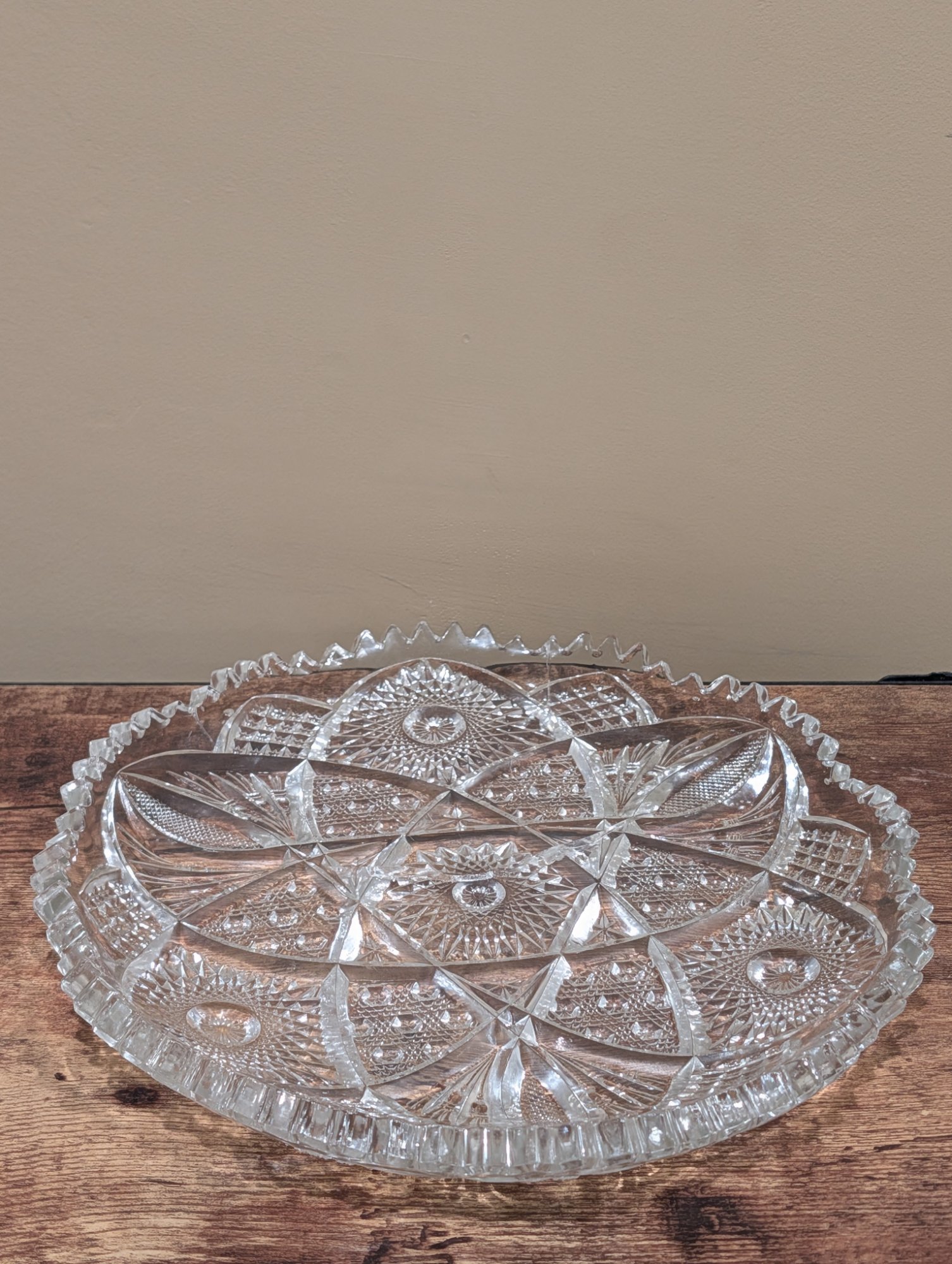 Vintage ABCrystal Brilliant Period Cut Glass Serving Bowl, Sawtooth Rim