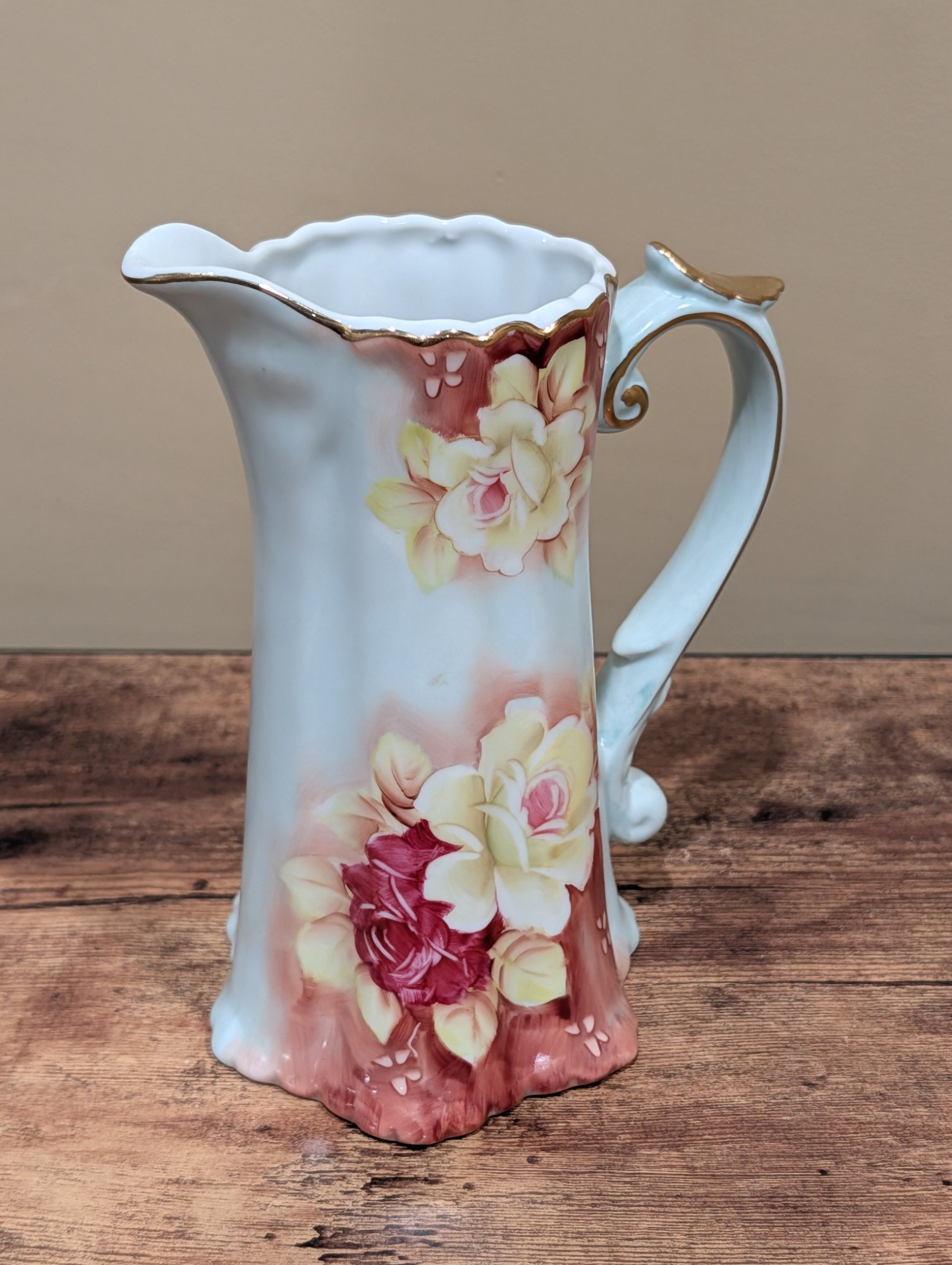 Antique Hand Painted Nippon Porcelain Pitcher Roses Gold Trim