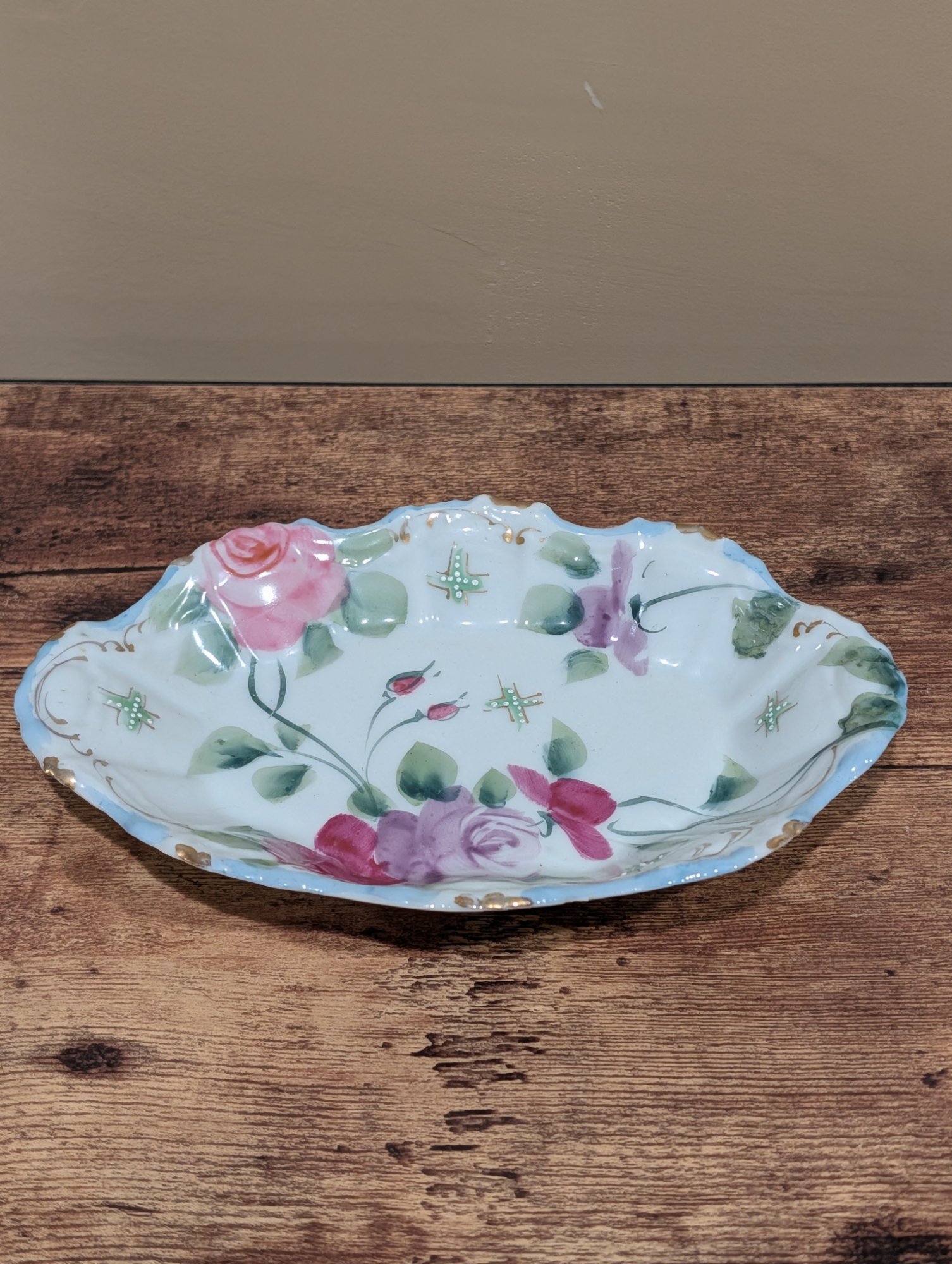 Vintage Hand Painted Porcelain Oval Dish, Roses, Made in USA