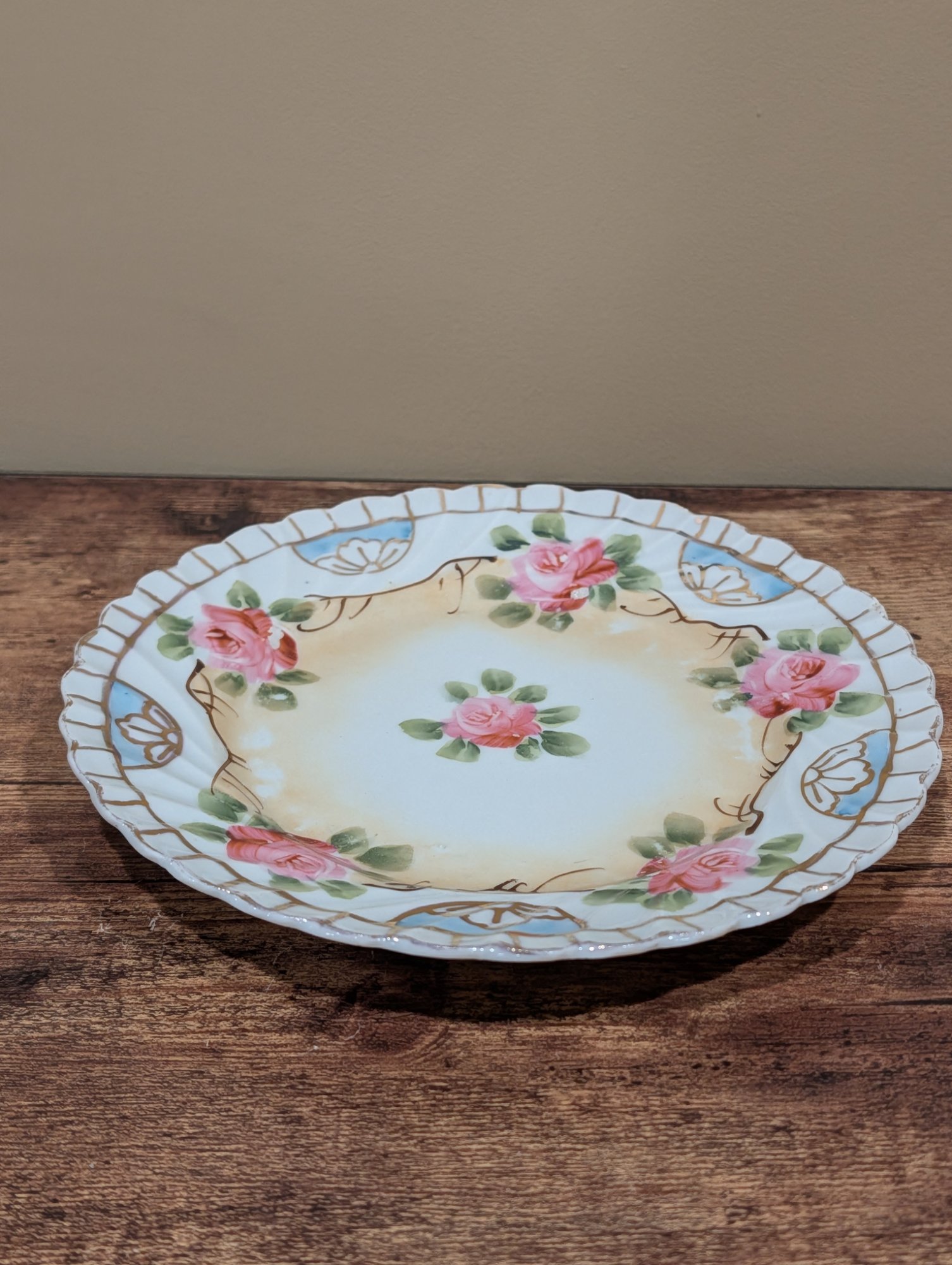 Vintage Hand Painted Porcelain Plate Pink Roses Gold Scalloped Edge