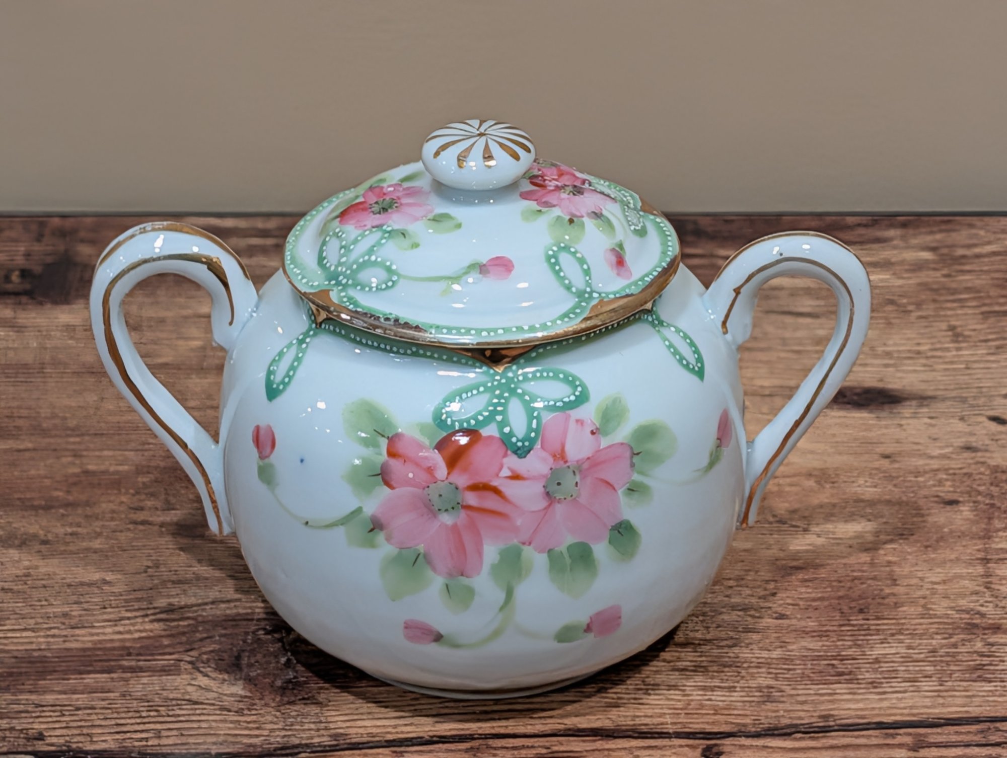 Antique Hand Painted Nippon Porcelain Sugar Bowl with Lid, Floral