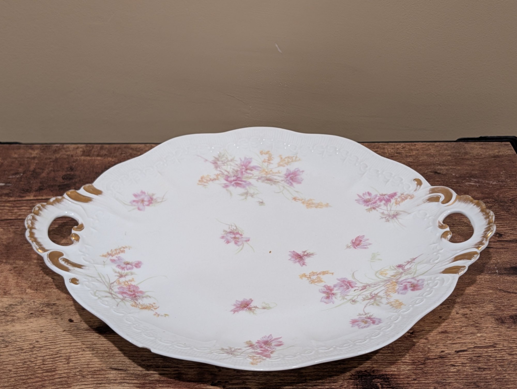 Antique French Porcelain Two-Handle Cake Plate Pink Floral Gold