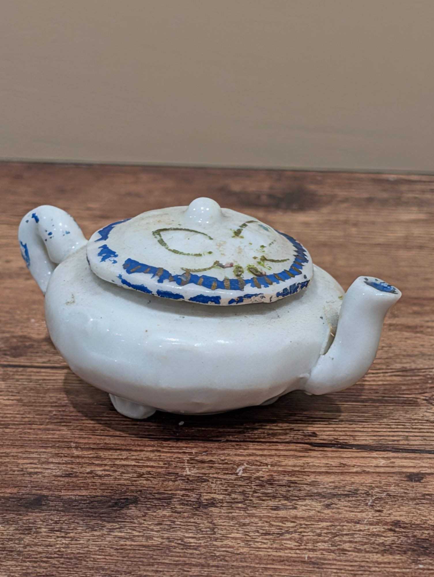 Antique Miniature Porcelain Teapot Blue Green Painted Lid, Footed