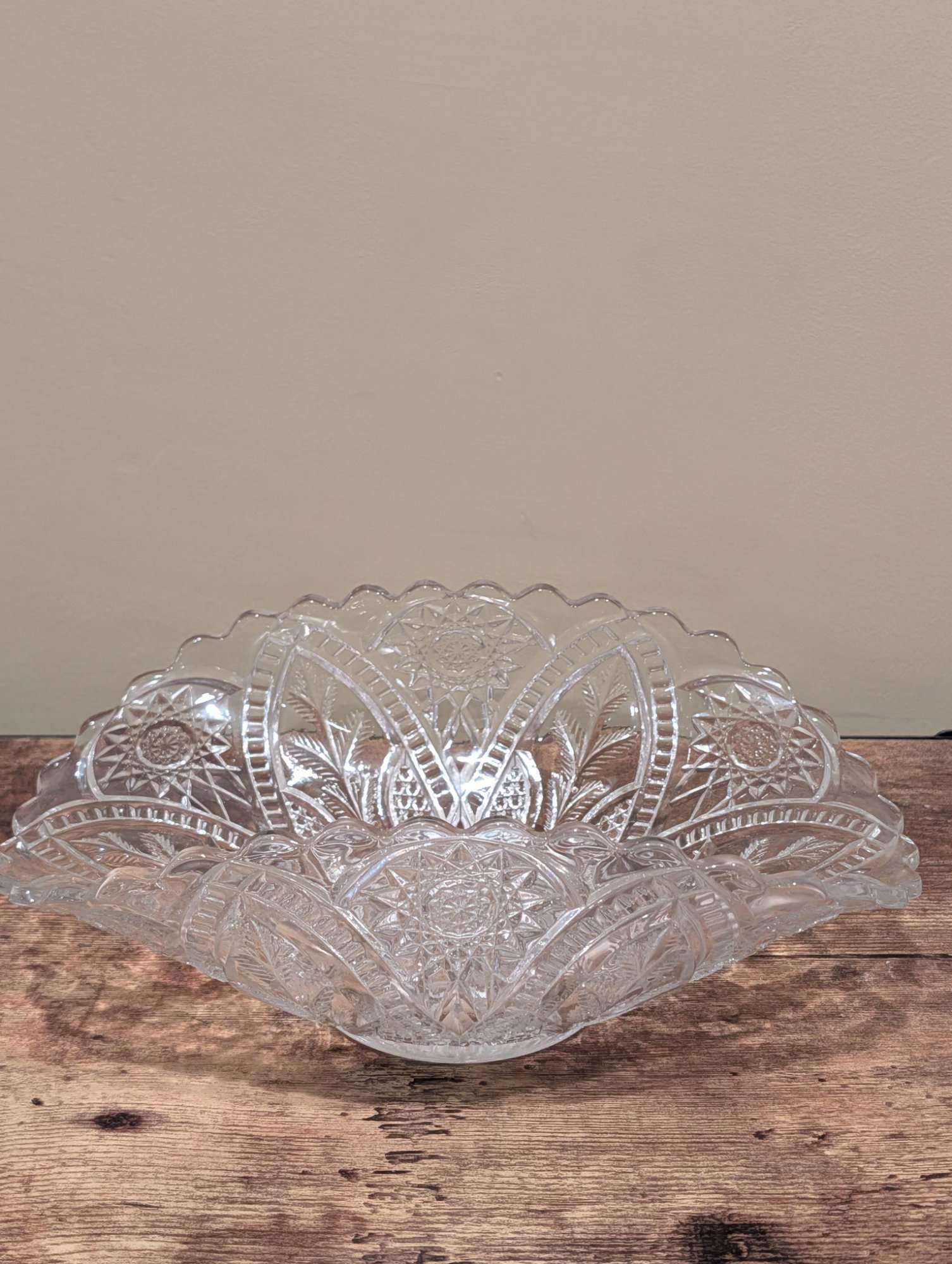 Vintage Pressed Glass Large Scalloped Bowl Intricate Cut Pattern